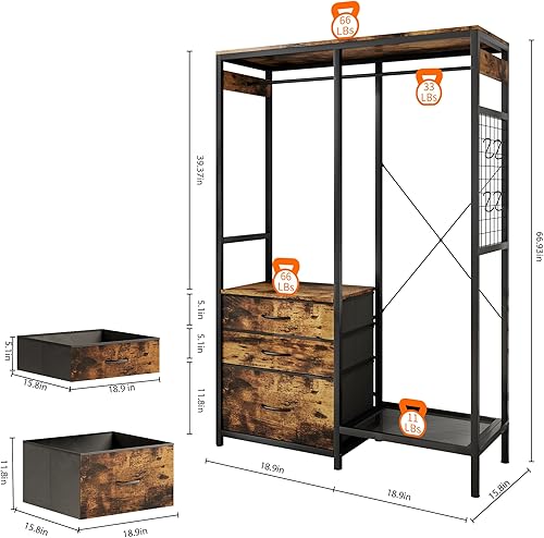 Miniatura 5 de Perchero resistente con cajones y luz LED, perchero con estantes, organizador de armario independiente con 8 ganchos para dormitorio/lavandería