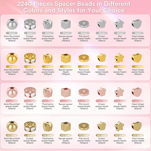 Miniatura 3 de 2240 cuentas espaciadoras surtidas para la fabricación de joyas en 8 estilos – oro, plata, oro rosa, oro KC