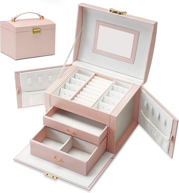 Jewellery Box Earring Rings Jewellery Organiser with 2 Drawers Portable PU Leather Small Jewelry Storage Case with Mirror and Lock Gift for Women Girls
