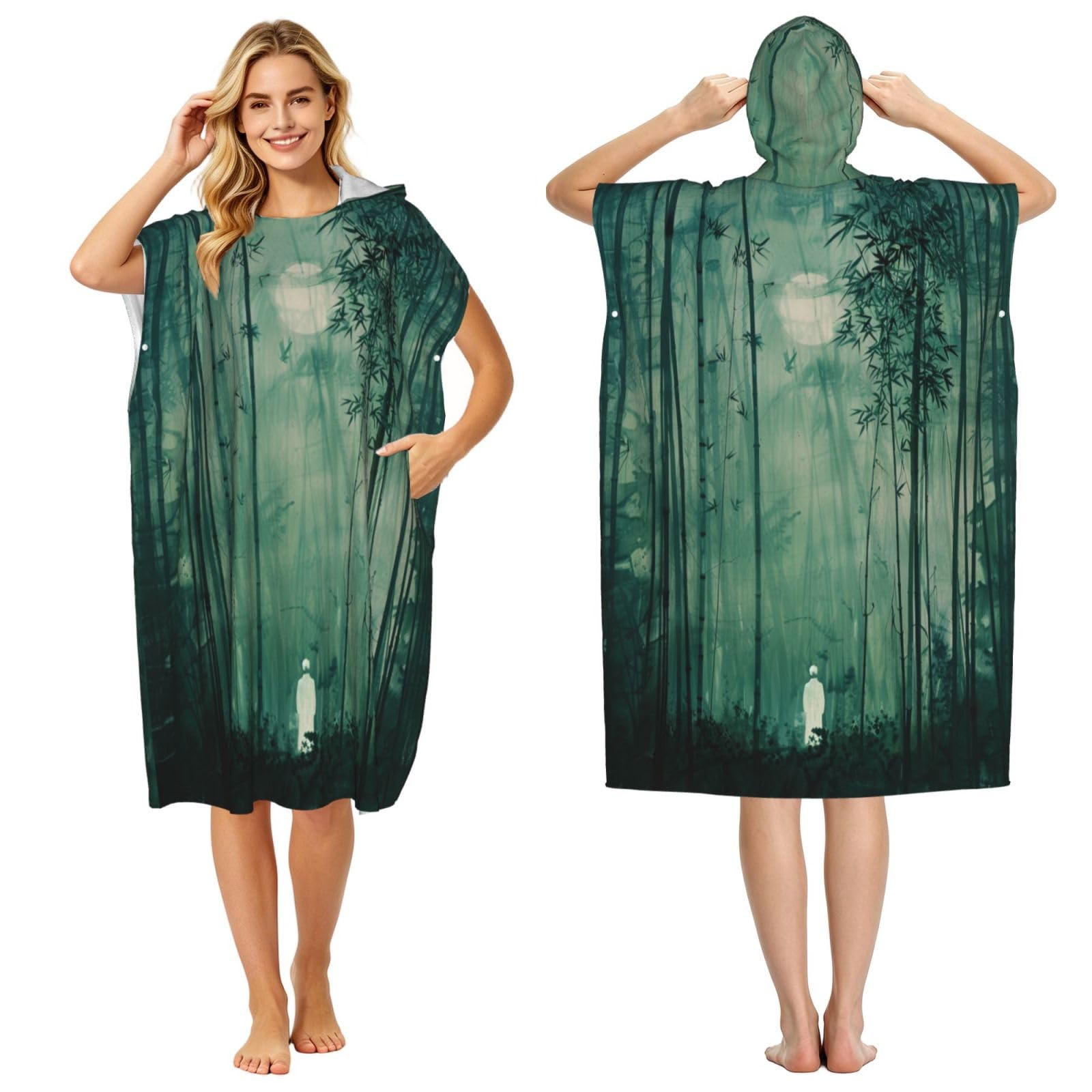 DTHKJNLSF Moon Night Bamboo Grove Adult Hooded Beach Poncho Towel