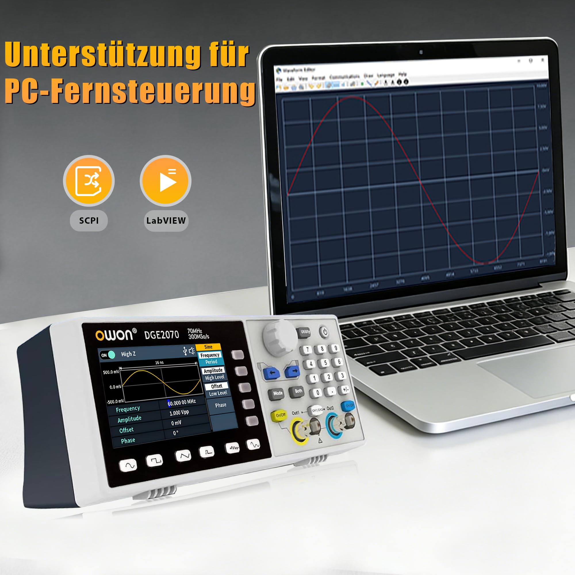 OWON DGE2070 2-Kanal-Funktionsgenerator für Mess-, Test- und Entwicklungsaufgaben, 70 MHz, 300 MSa/s, 14 Bit, SCPI und PC-Steuerung