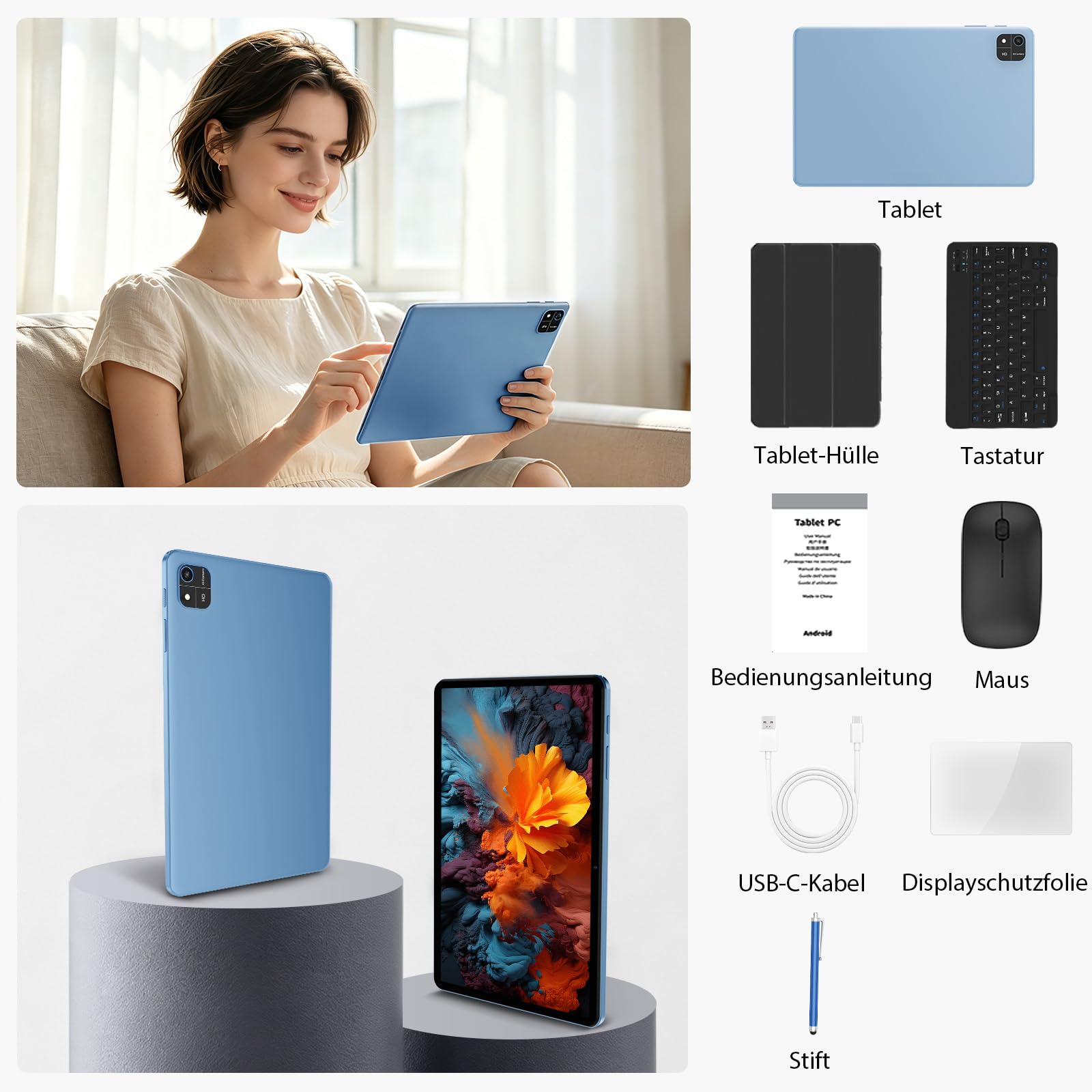 TUOHAITIME Tablet Android 16 da 10 pollici, 24 GB RAM + 64 GB ROM, 1 TB, espandibile, risoluzione dello schermo 1280p, processore Unisoc T606 Octa-Core, WiFi 6/doppia fotocamera/Face ID/GPS/batteria