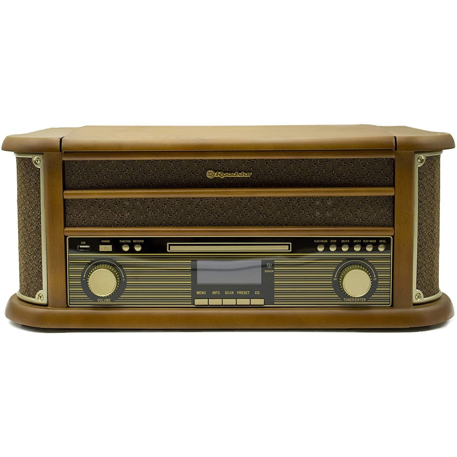 Roadstar HIF-1993BT Platine Vinyle Vintage 3 Vitesses 33/45/78, Radio FM, Lecteur CD/CDR/CDRW/CD-MP3, Cassette, Bluetooth, USB Fonction d'enregistrement, Télécommande, Rétro en Bois