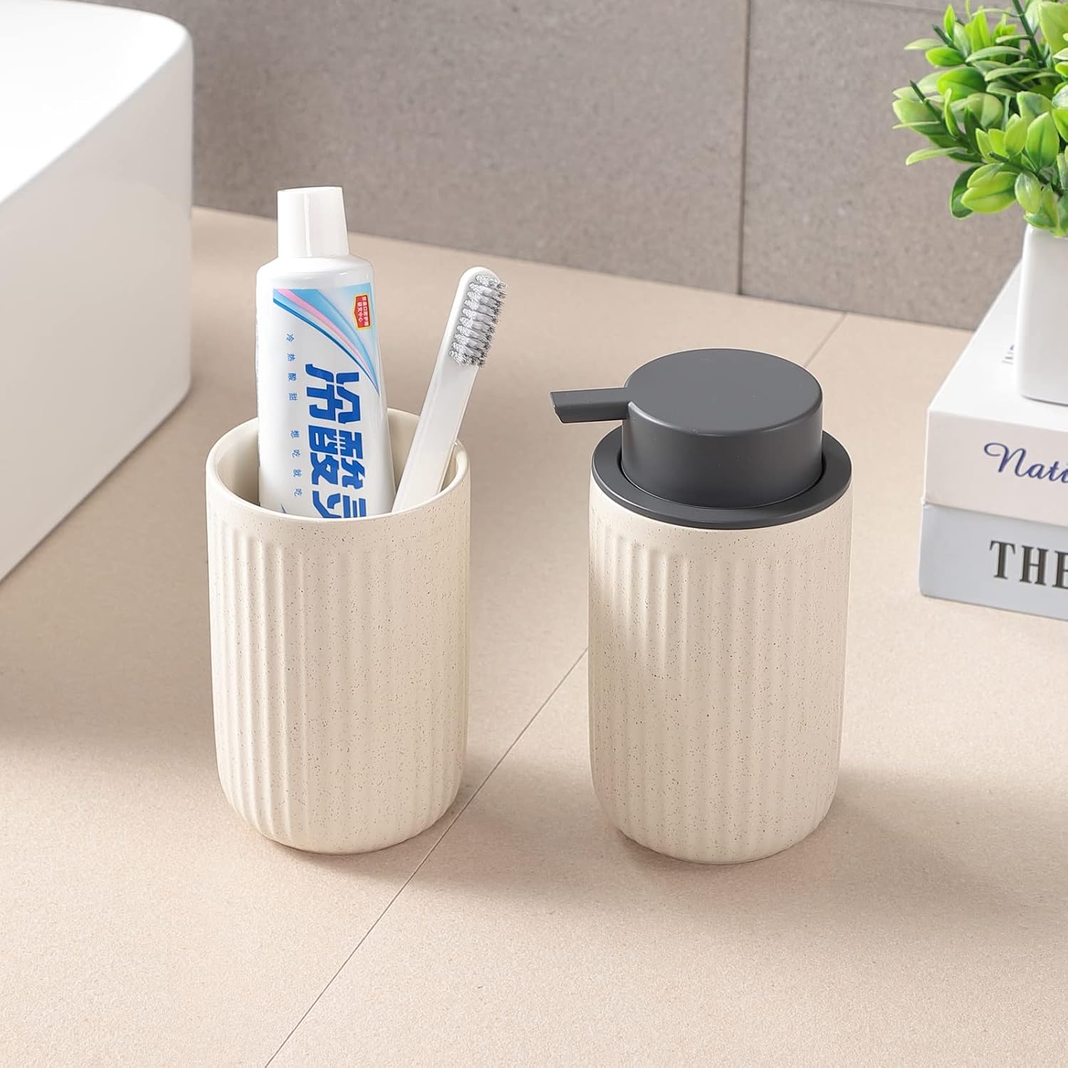 Foaming Soap Dispenser - Ceramic Foam Hand Dish Liquid Soap Dispenser for Bathroom, 12 oz refillable Lotion Soap Dispenser with Grey Pump, Modern Bathroom Decor, Beige