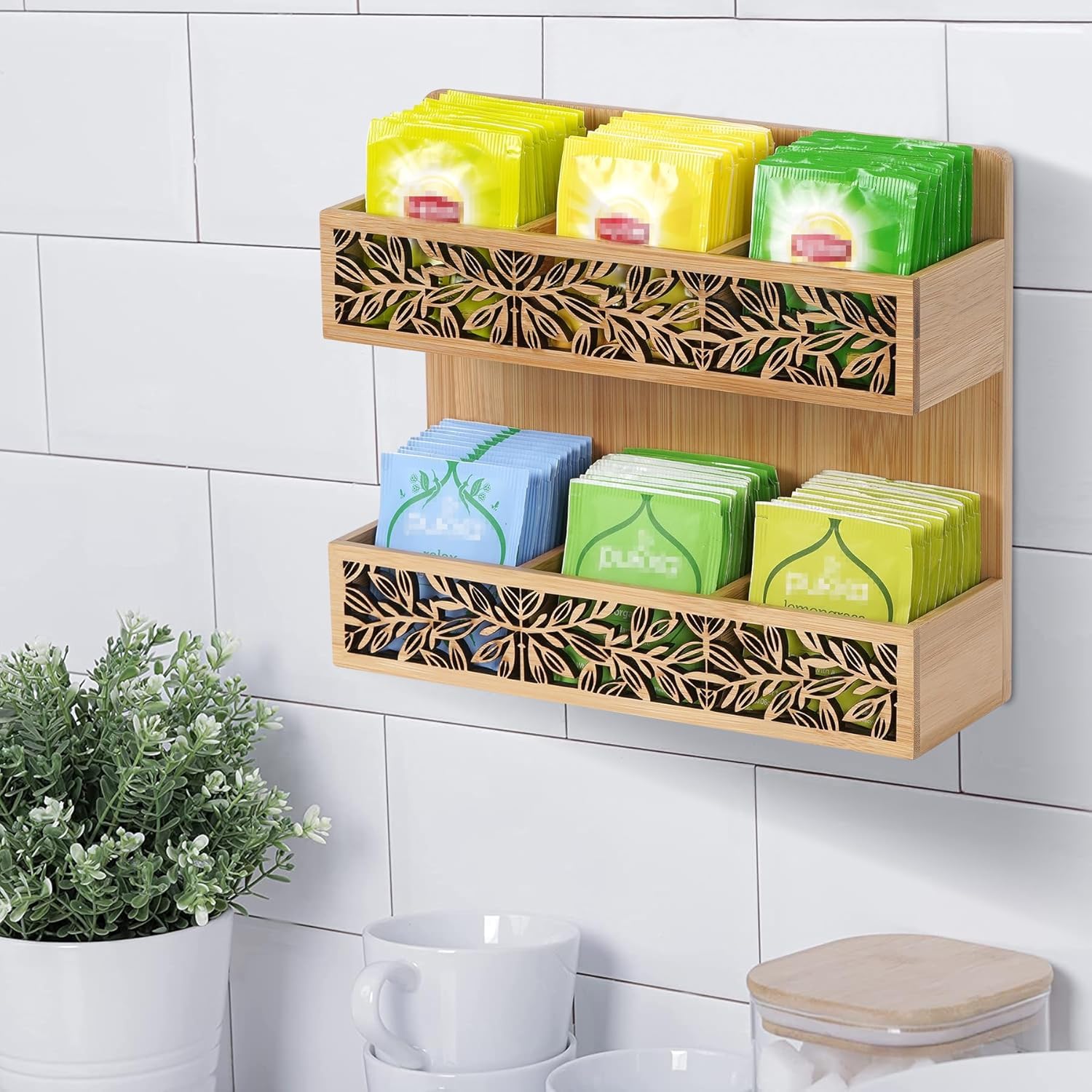 Teebox Teebeutel Organizer,Teekiste Exquisite durchbrochenes mit 6 Fächern Teehalter,Vertikaler und Wandmontage Teeaufbewahrung - Teebeutelbox für Teebeutel Zucker Kaffeekapsel
