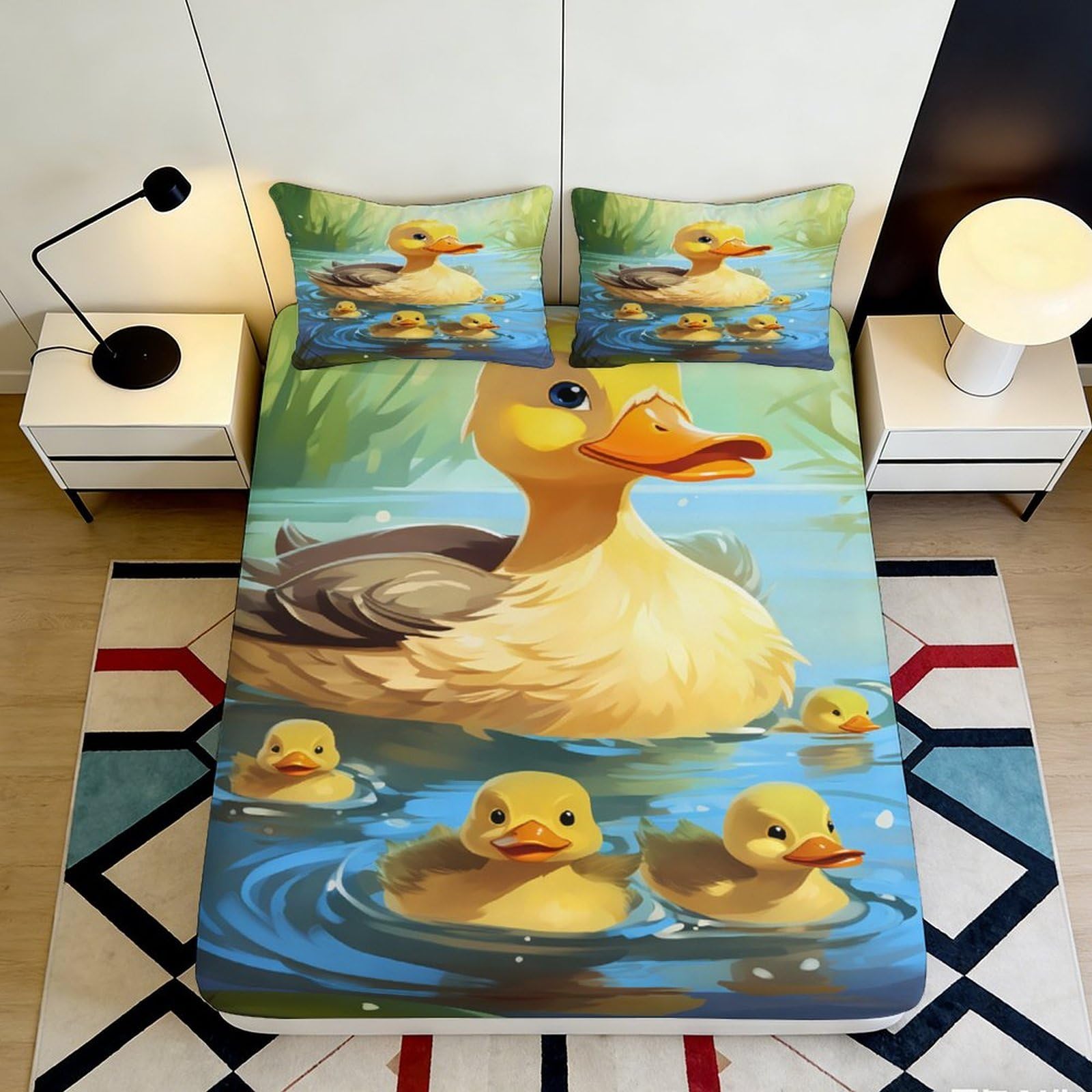 3D Printed Cute Ducklings Fitted Sheet Microfiber Soft Breathable Baby Ducks Bed Cover for Bedroom Dormitory Guest Room Mattress Protection Decor 120x200x25cm