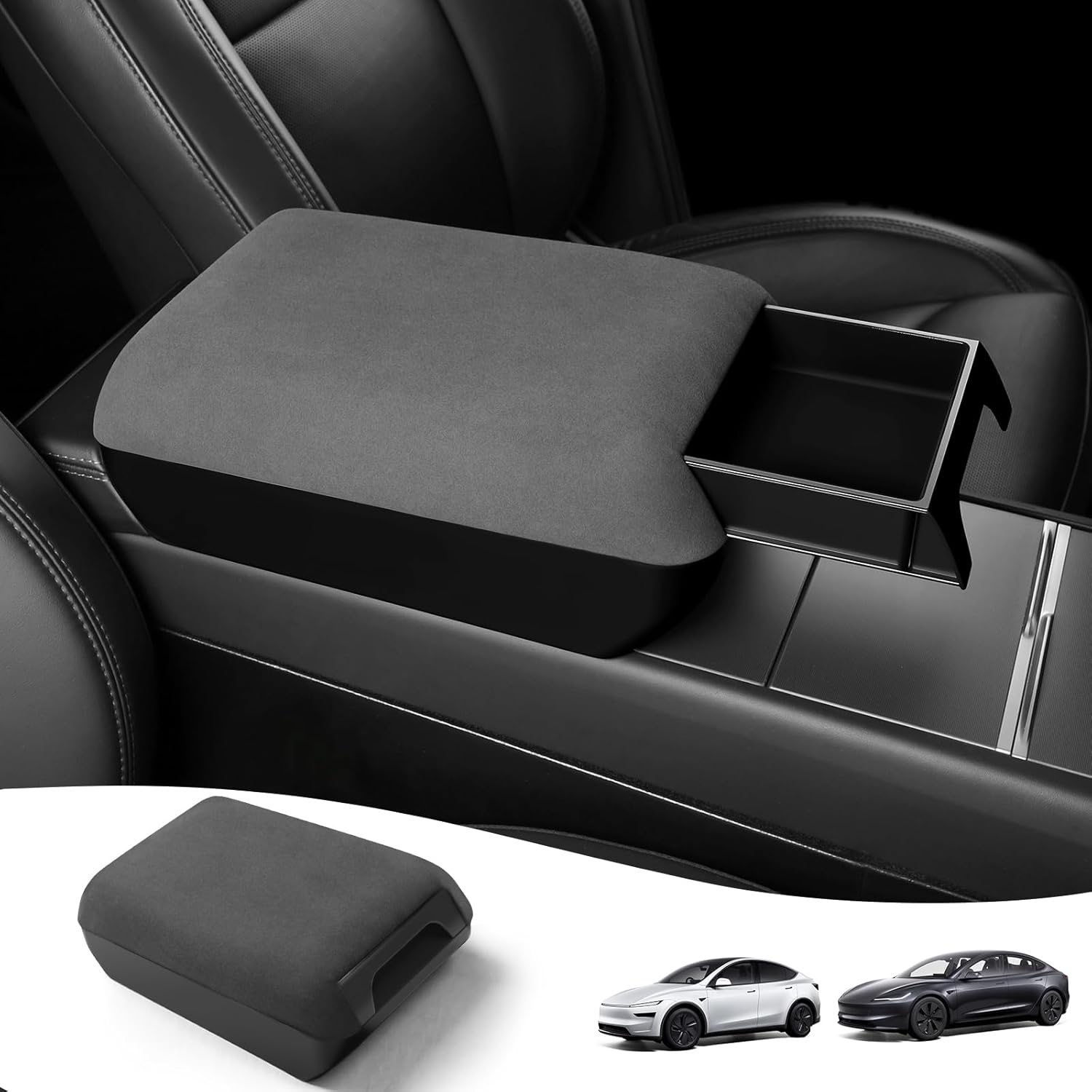 Center Console Armrest Cover with Hidden Storage for Tesla Model Y Juniper 2026 & Model 3 Highland 2024-2026 Soft Padded Elbow Support Pull-Out Organizer Tray Non-Slip Interior Accessories