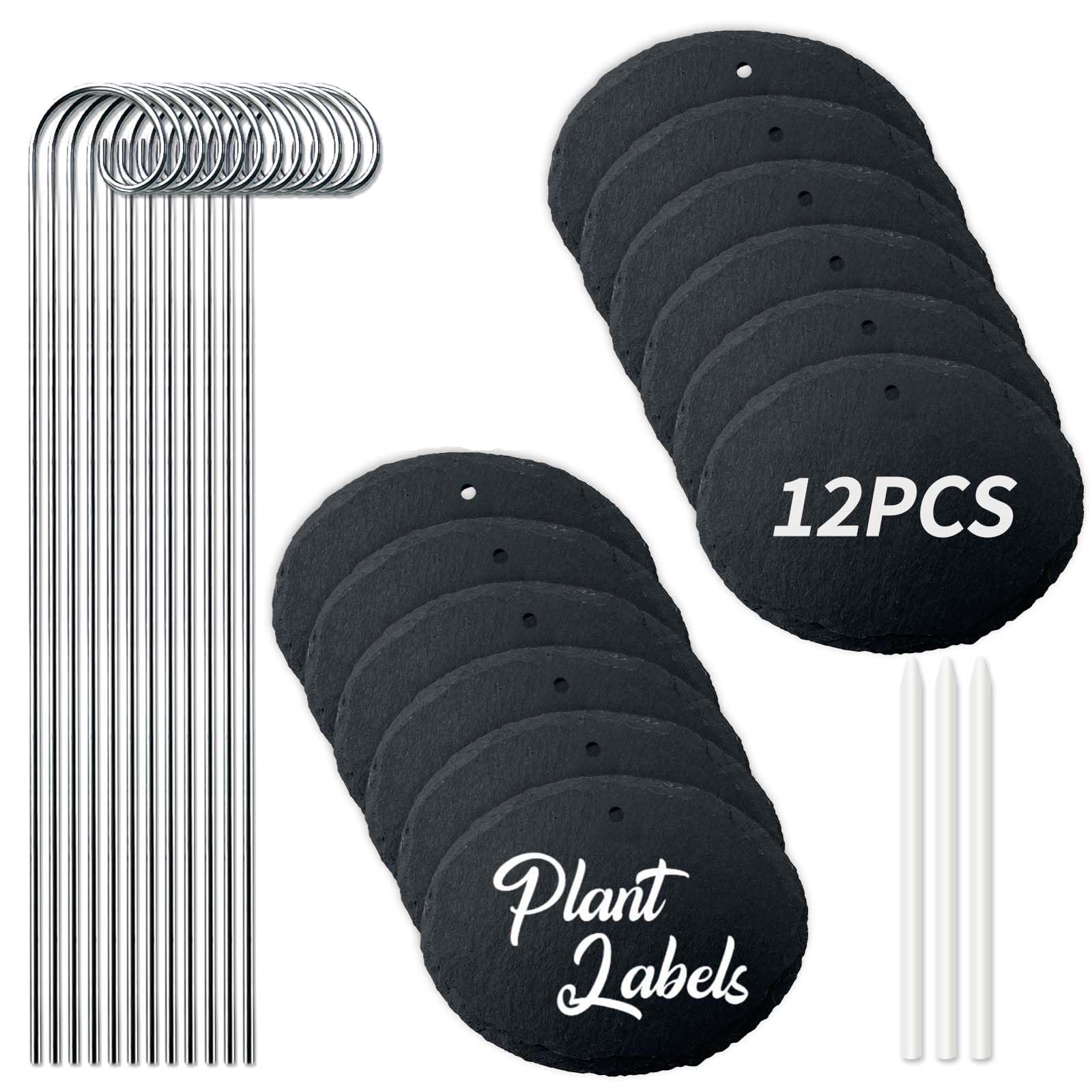 Plant Labels Slate with Stakes & Chalk Pencils, Waterproof Reusable Garden Plant Markers for Herb, Seedling, Vegetable & Flower Pots (12 Pack) Ellipse