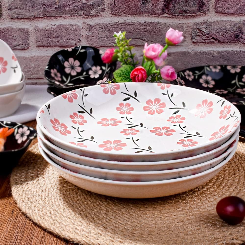 Ceramic Dinner Plates Set of 4, 8 Inch Pink Floral Print Shallow Salad Pasta Bowls, Microwave Dishwasher Safe for Kitchen Daily Use Housewarming Gift