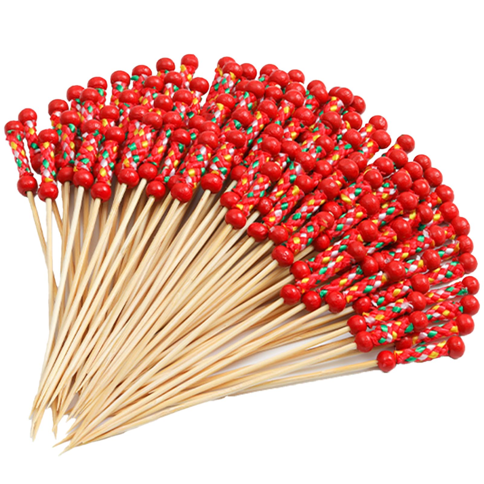 JYJLLM 100 Pack Wooden Cocktail Picks - Natural Eco-Friendly Party & Appetizer Picks for Finger Food, Fruits, Canapés, Wedding Buffet - Elegant Pearl Design (red)