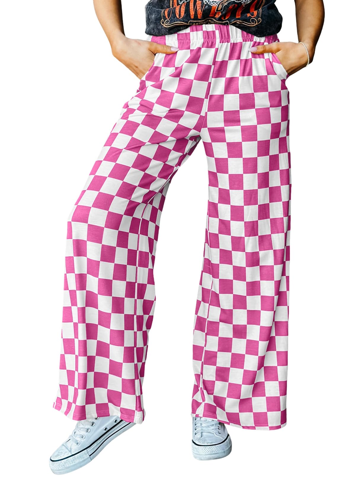 Acelitt Womens Casual Checkered Pants Elastic Waist Comfy Loose Wide Leg Pants with Pockets