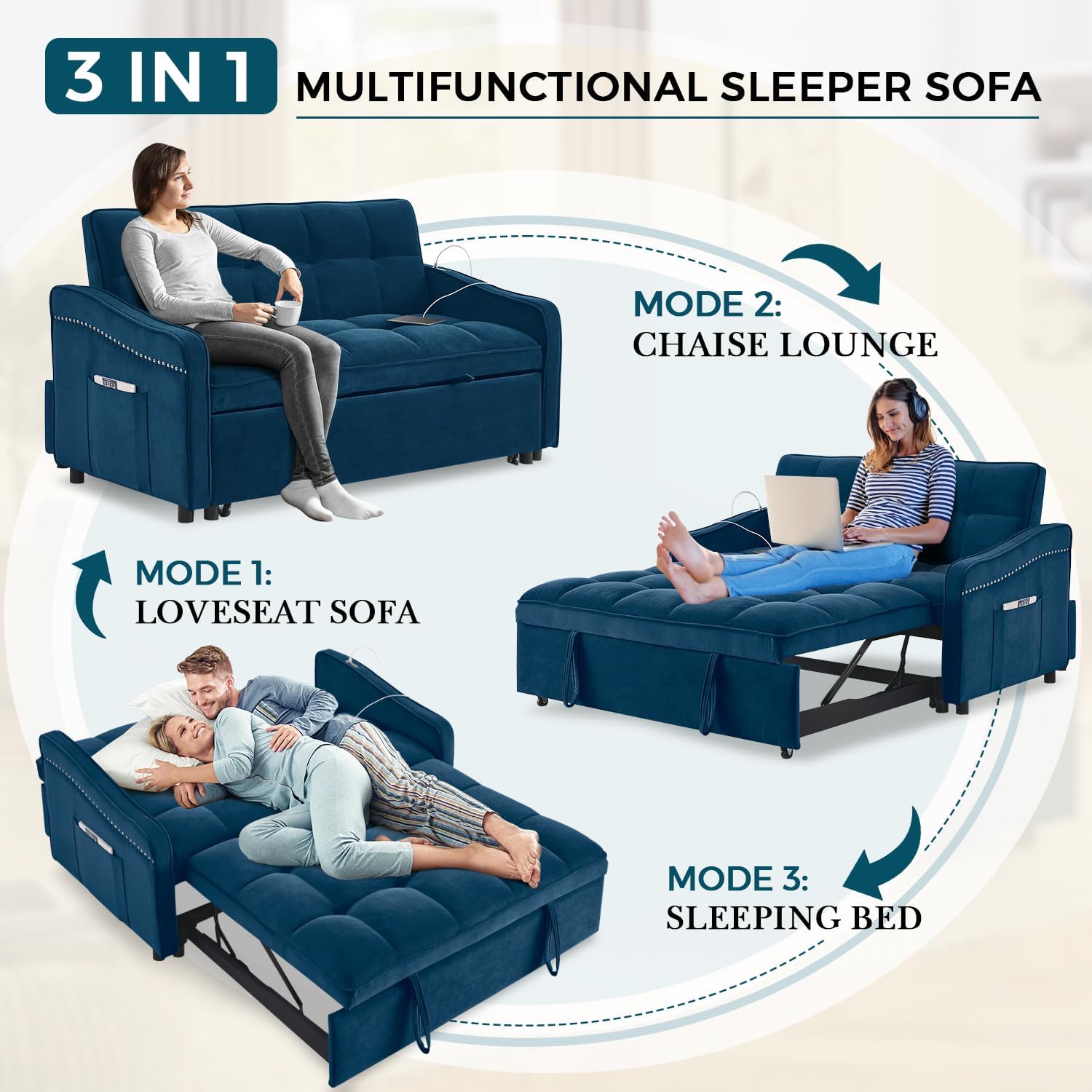 Futon Sofa Bed with USB Charging Port, Modern 52.8-inch Small Tufted Velvet 3-in-1 Convertible Sleeper Sofa with Pull Out Bed for Small Space, Living Room, Apartment, Bedroom, Blue