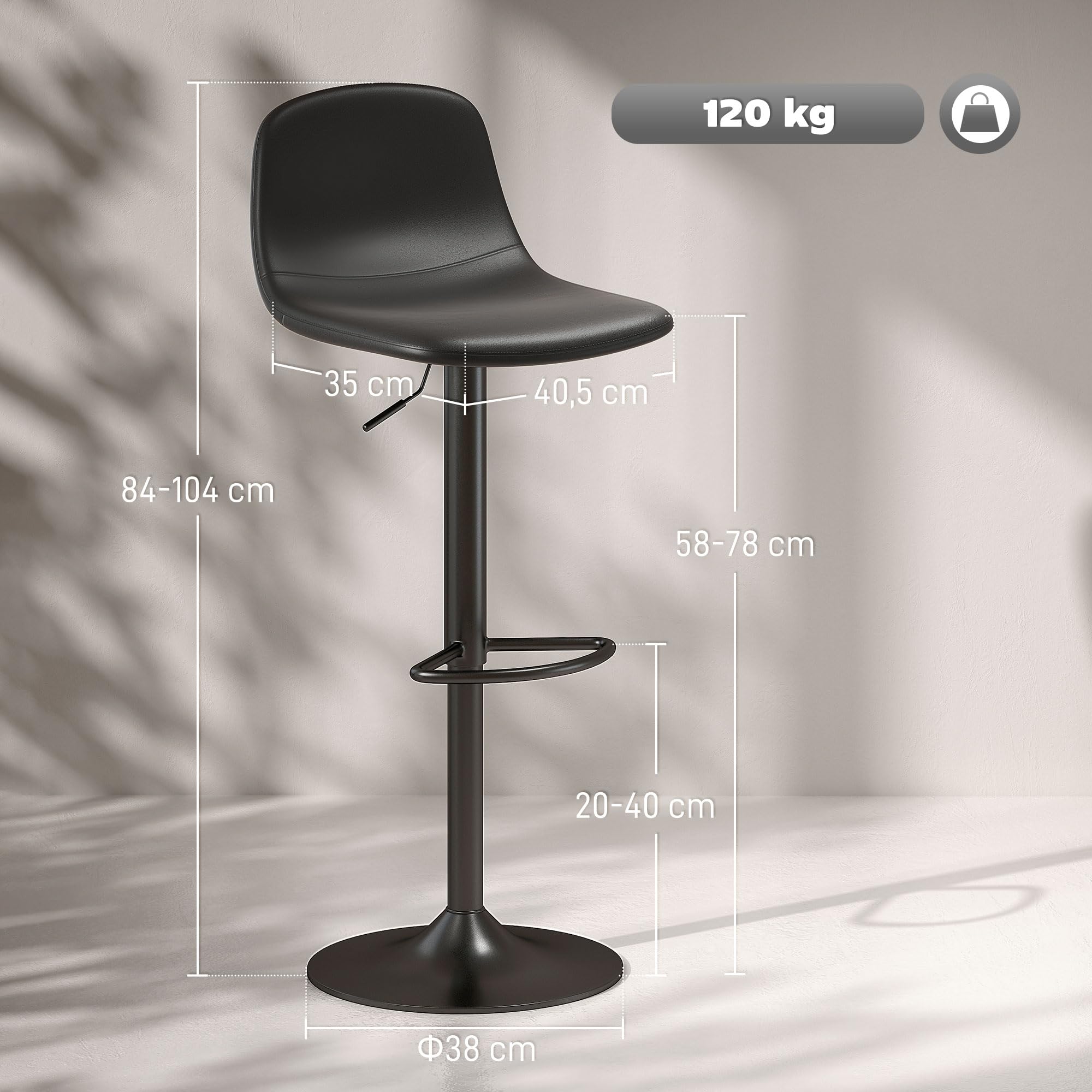 HOMCOM Juego de 2 Taburetes de Bar Taburetes Altos de Cocina Regulable en Altura 84-104 cm con Respaldo y Reposapiés Tapizado en PU Giratorio en 360° para Comedor Mostrador Negro