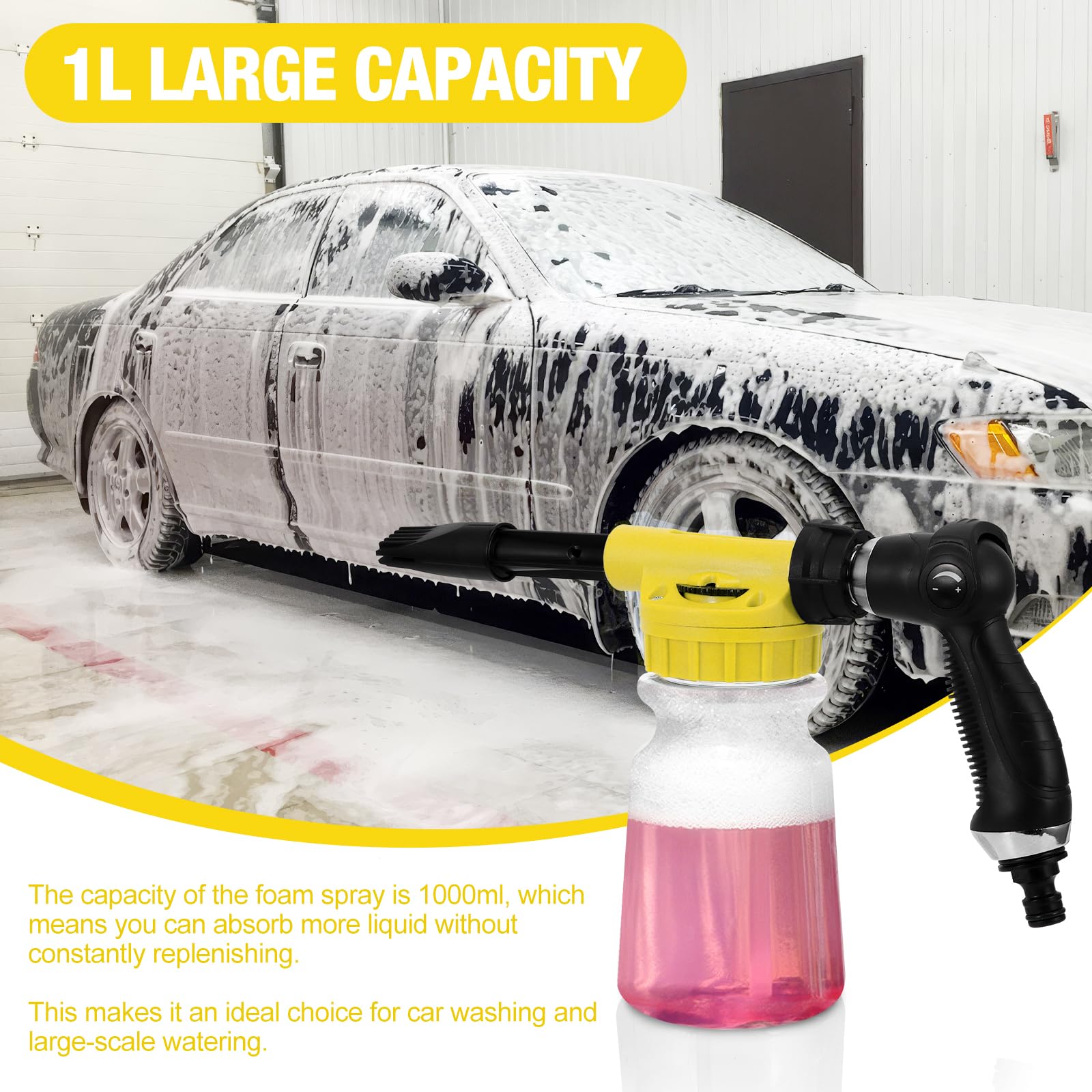 Foam Gun Car Wash 1000ml, 2 in 1 Lancia Schiuma Regolabile, Pistola Schiuma per Pulizia Auto Cannone Schiuma Attacco Tubo da Giardino per Pulizia Auto e Moto Giardini (Giallo)