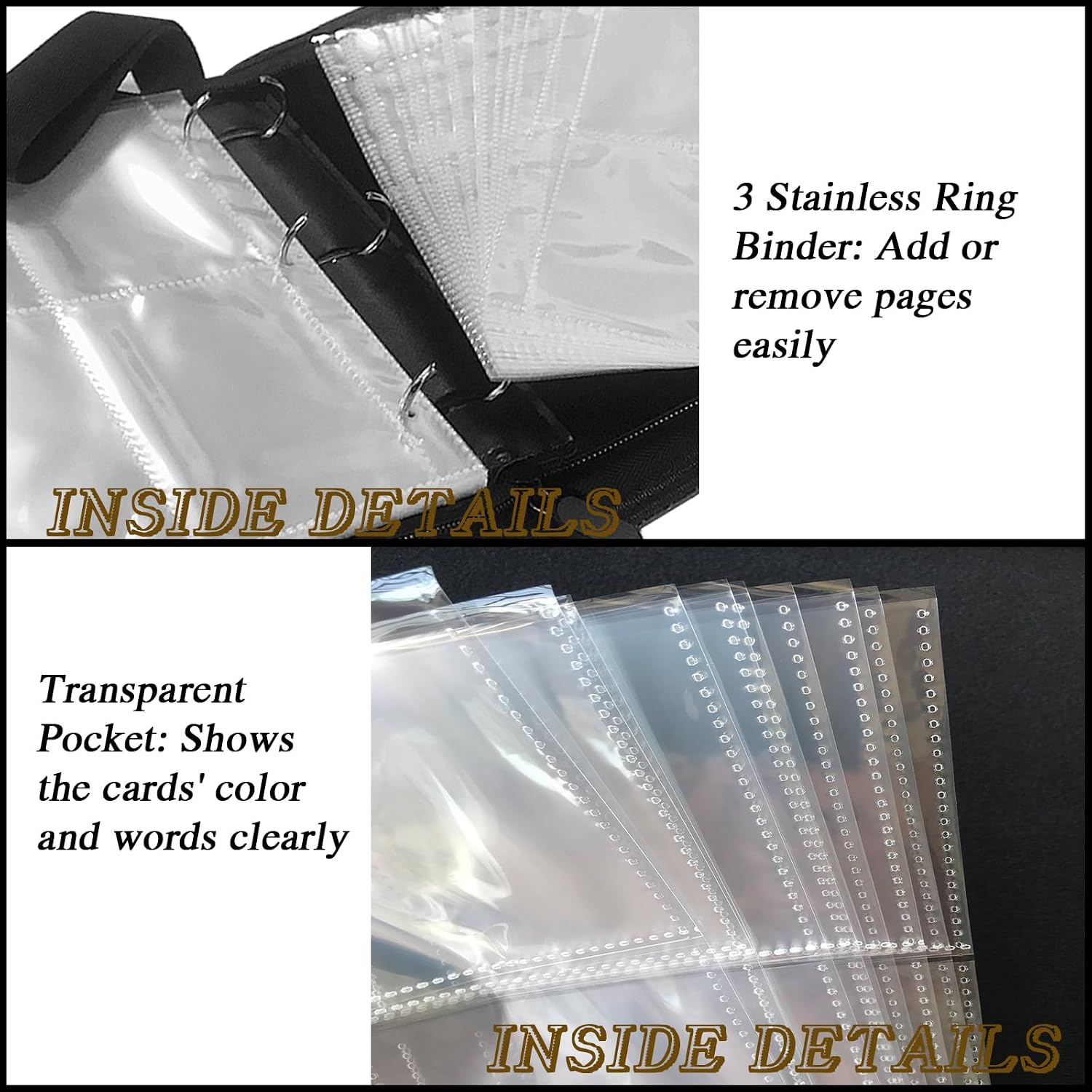 Trading Card Binder, Sports Card Binder 4 Pocket with 50 Sleeves Fits 400 Sport Cards, Sports Card Holder Binder with Zipper, Soccer Football Baseball Basketball Hockey Card Gifts Collection Storage image 4