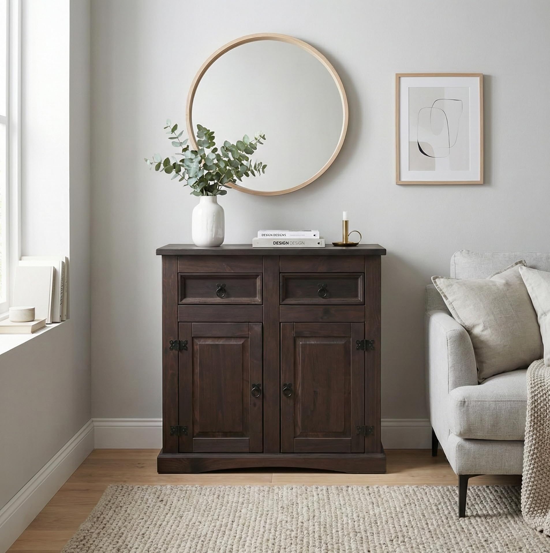 Sideboard Schlafzimmer - New Mexico 2 Türen 2 Schubladen kolonial Dunkelbraun 92x84x44 cm Kiefer massiv Kommode Anrichte Landhausstil Massivholz Stauraum Wohnzimmerschrank Buffet Holzschrank