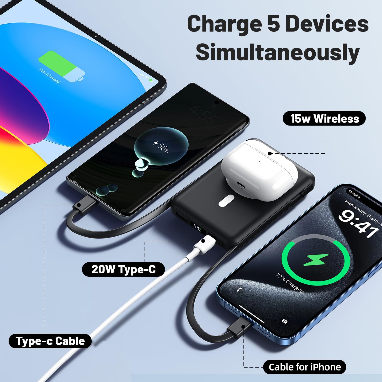 Azmuth Batterie Externe Magnétique Compatible avec MagSafe, 10000mAh sans Fil PowerBank Charge Rapide PD 20W avec 2 Câble et Support et Affichage LED, Compatible iPhone 17/16/15/14/13/Pro/Pro Max/Plus