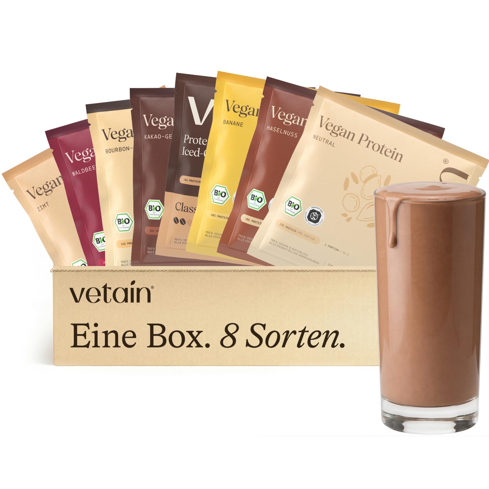 VETAIN Protein Pulver Probierpaket - 23g Eiweiß - 8 x 30g - 4 Proteinquellen fermentiert Erbsen - Bio veganes Proteinpulver - Ohne künstliche Süßungsmittel - NEUE REZEPTUR