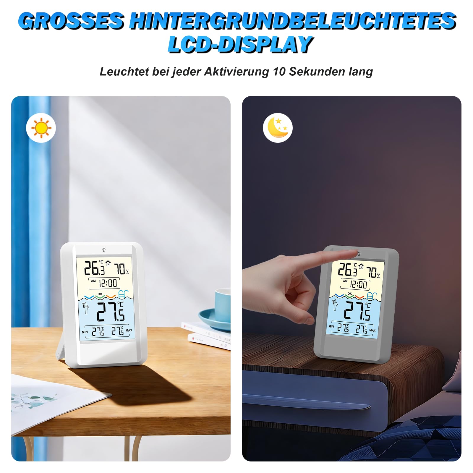 TEOV Funk Pool Thermometer mit LCD-Anzeige, IP68 Wasserdicht Digitales Poolthermometer, 70m Übertragungsreichweite, für Schwimmbäder Aquarium Badewannen Teich