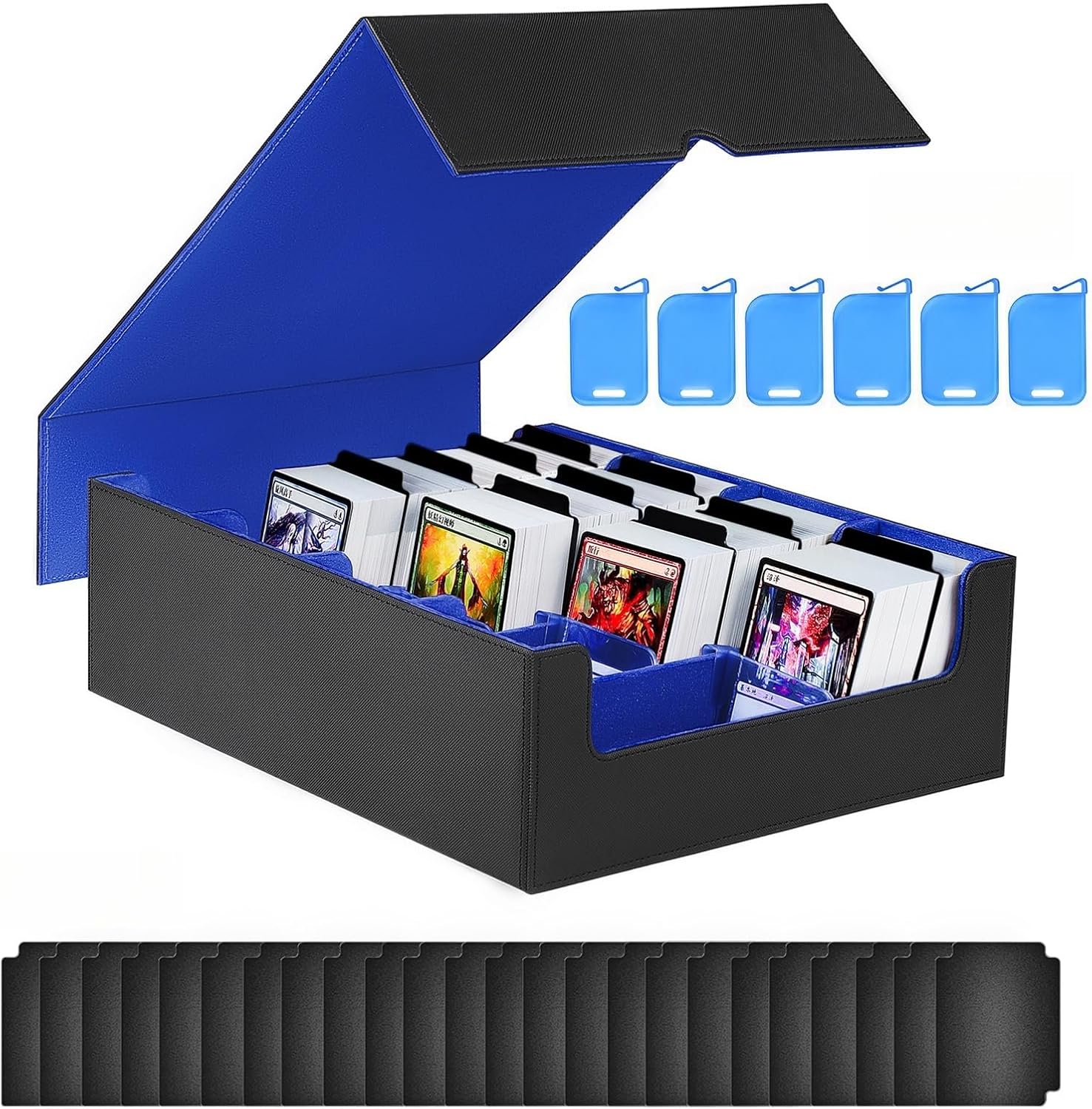 Trading Card Storage Box, 3000+ MTG Deck Box with 24 Dividers & 6 Card Supporters, Commander Card Deck Case Fits for Magic Game Cards, YugiOh, TCG, PTG and Sport Cards(Black Blue)