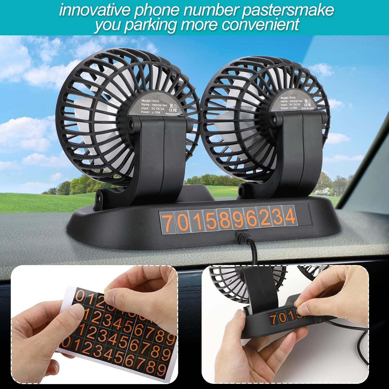 Ventilateur Double Têtes - Rotation à 360° - 12V USB Ventilateurs de Refroidissement Avec 2 Vitesses - Pour tableau, Bureau de bord - Mini Portable Ventilateuren de table - Ventouse (5v)