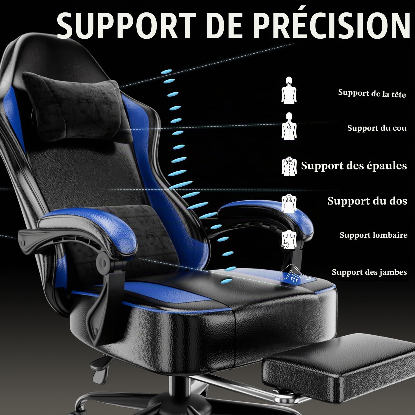 Fauteuil Gaming Chaise Gaming Ergonomique (Bleu + Noir)