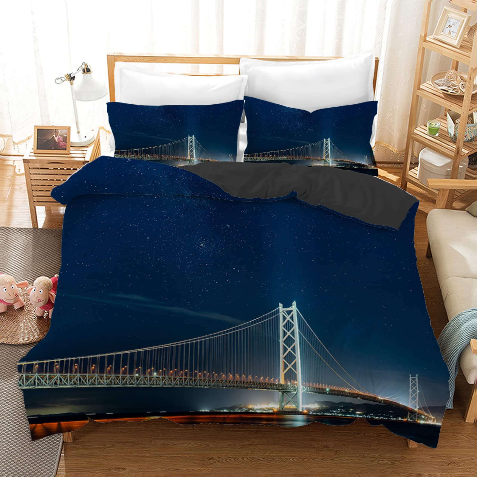 Housse de couette Pont Bleu microfibre 140x200 cm avec ses deux taies d'oreiller 65x65