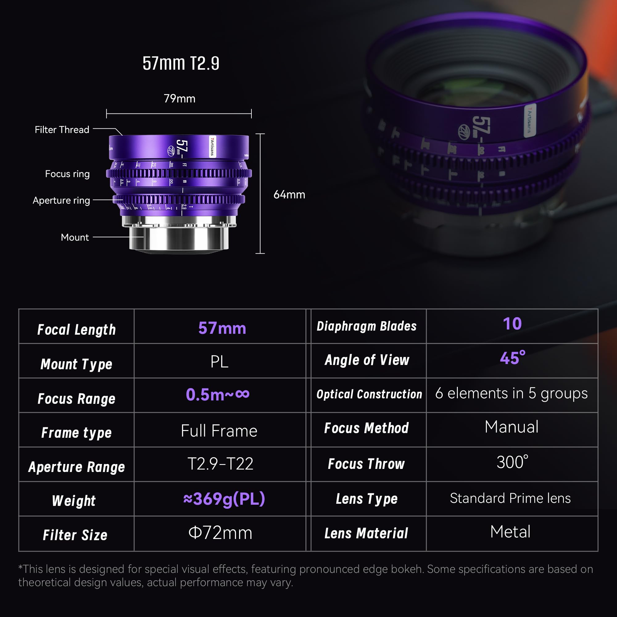 Objectif cinéma professionnel 7artisans MF57 mm T2.9 Floral Bloom Art Series, bokeh explosif, plein format, compatible avec monture PL, pour la photographie créative et la réalisation de films, violet