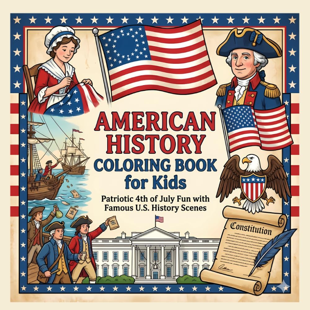 American History Coloring Book for Kids: Patriotic 4th of July and Independence Day Fun with Betsy Ross, George Washington, the Constitution, and U.S. Symbols