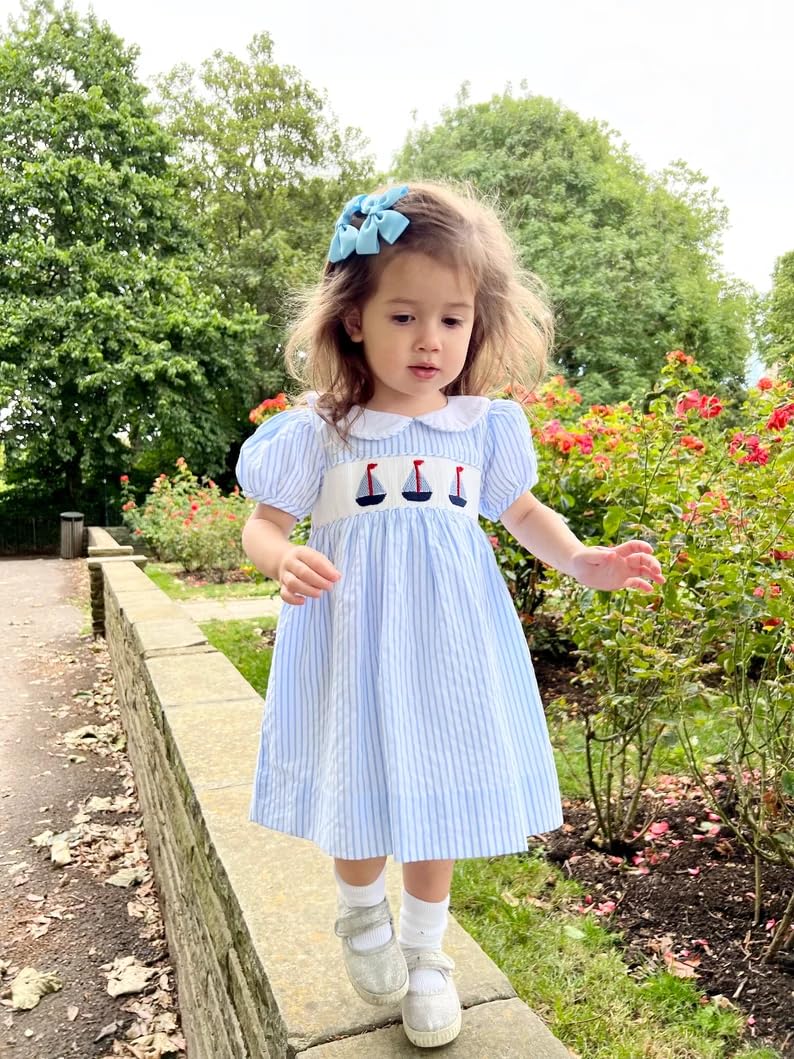 Toddler Baby Girl Sailboat Outfit Smocked Dresses Doll Collar Dress Cute Little Girls Summer Clothes (sail Boat Blue, 6-12 Months)