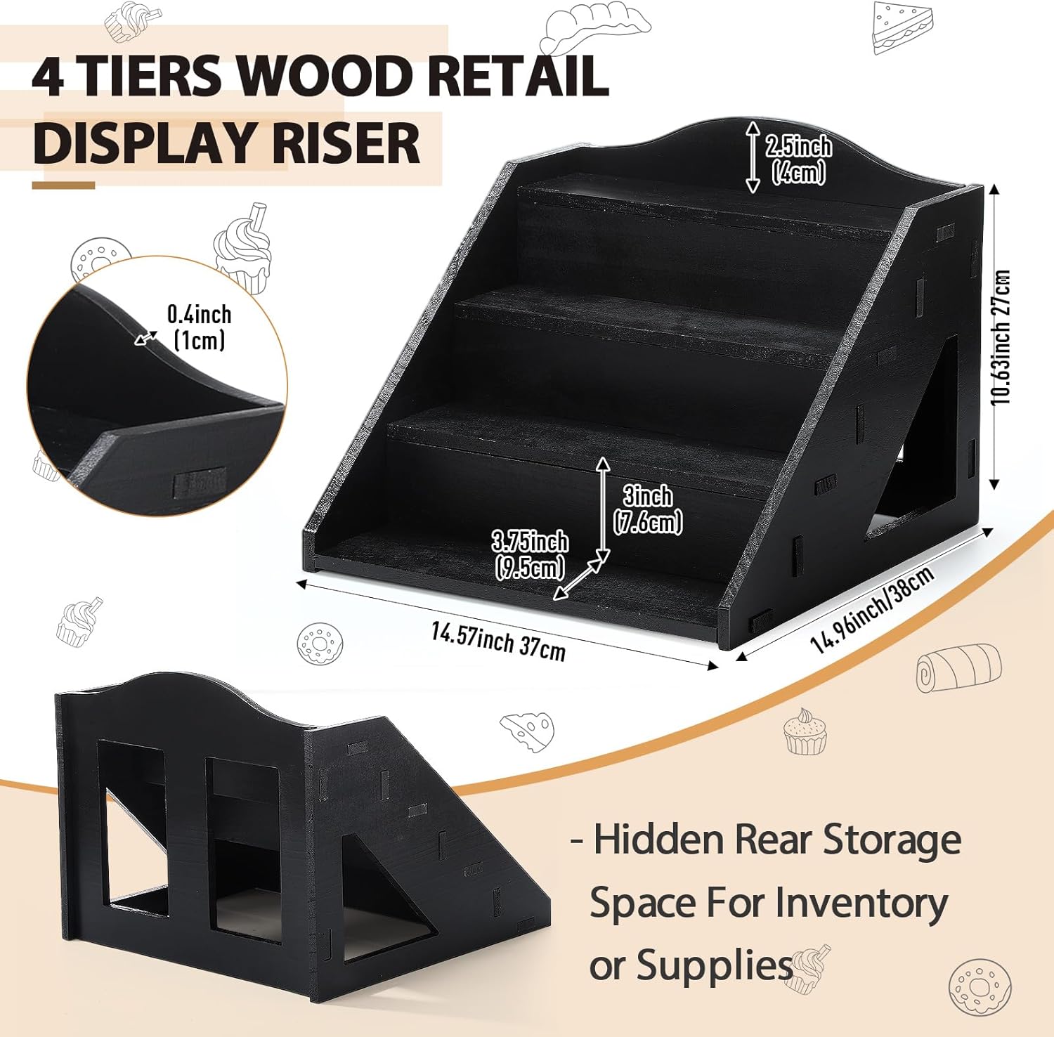 Jetec 4 Tier Wood Cupcake Display Stands Retail Wooden Craft Fair Display Riser Rustic Dessert Holder Rack Soap Stand for Craft Show Baby Shower Cupcakes Candy Wedding Party(Black)