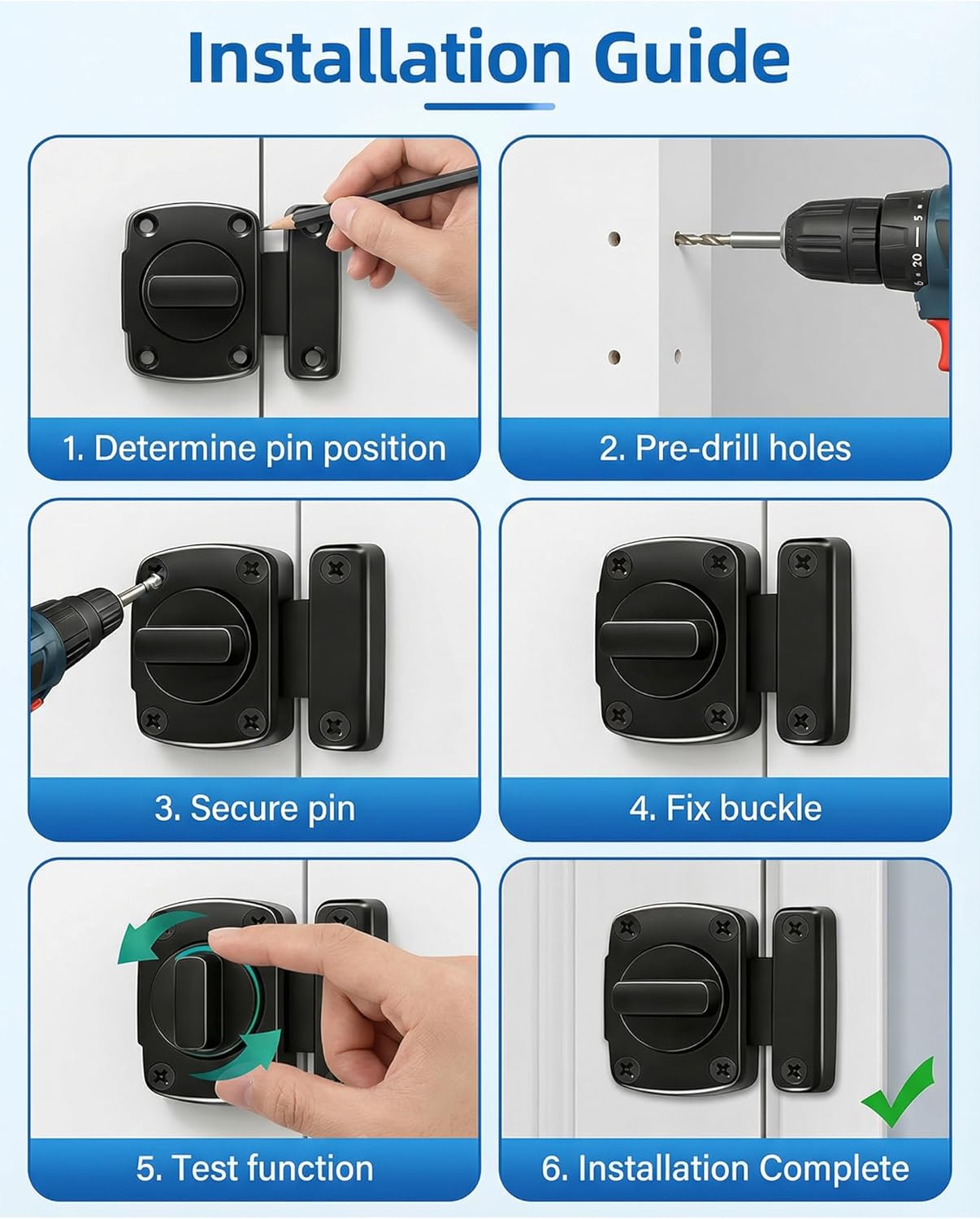 Sliding Bolt Lock Double-Sided Rotating Door Latch Hardware (Black)