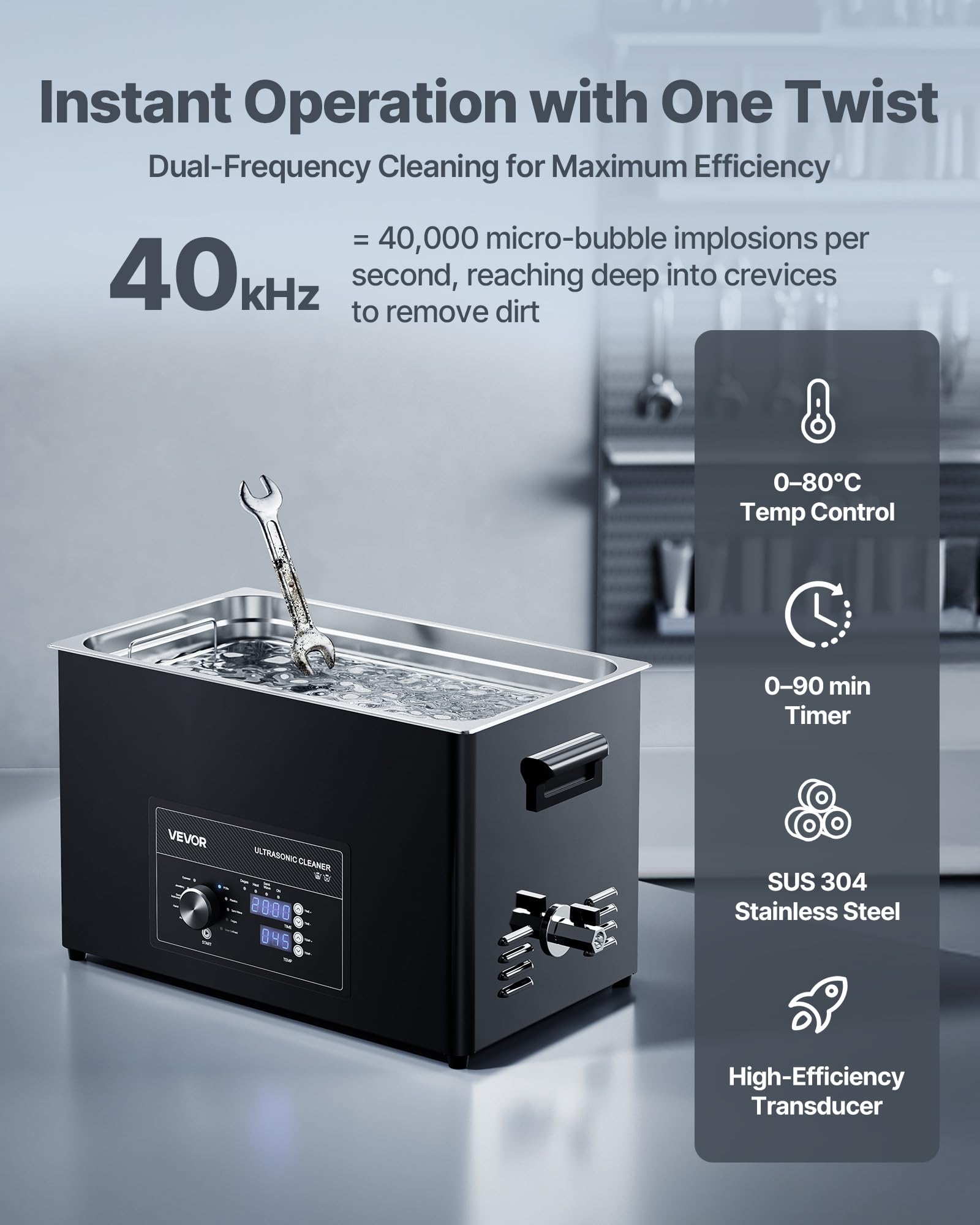 VEVOR Nettoyeur à Ultrasons 30 L, Appareil de Nettoyage par Ultrasons avec Commande par Bouton, en Inox, avec Panier et Boule de Nettoyage, pour Montres, Rasoirs, Bijoux, Pièces de Monnaie, Noir