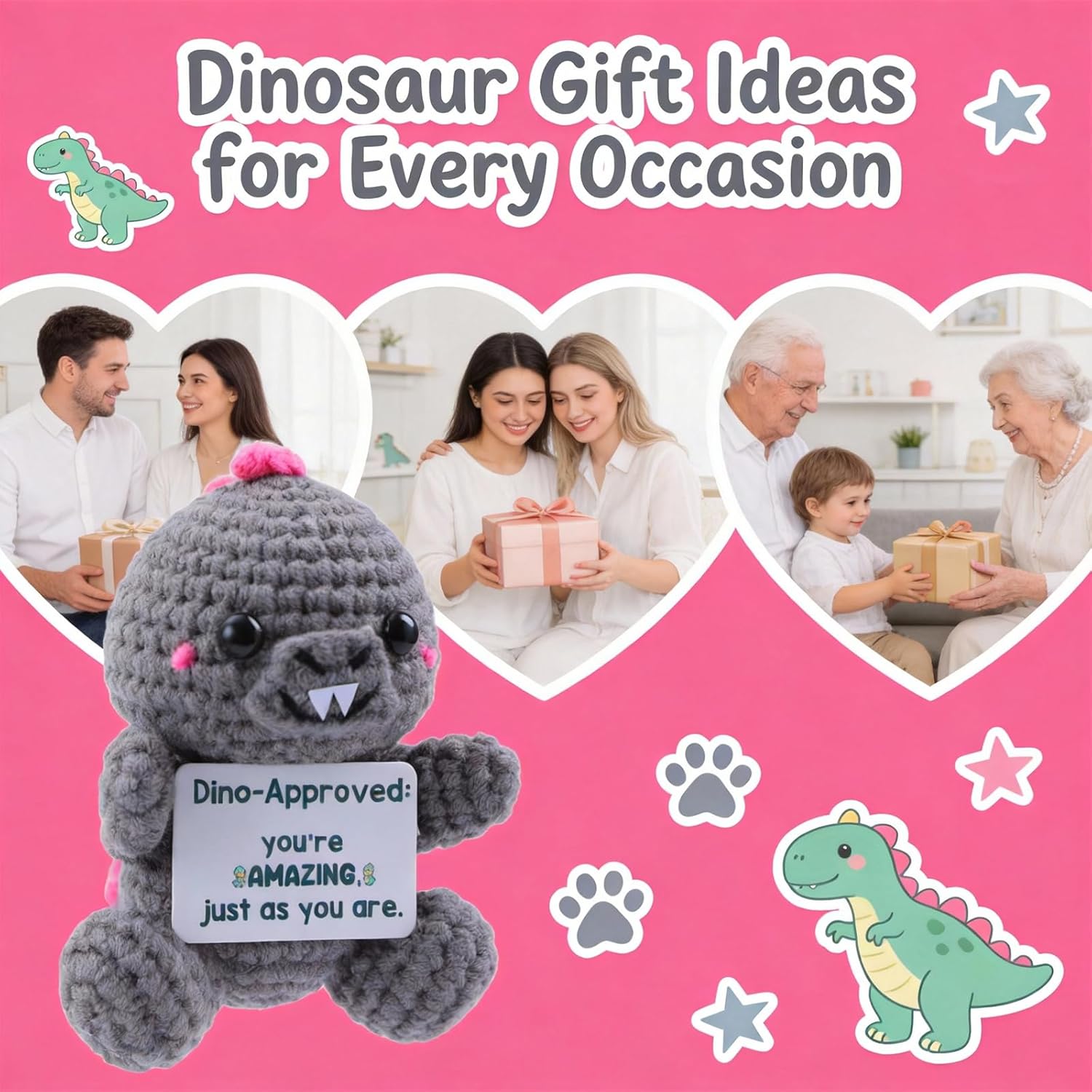 Cute Positive Dinosaur Crochet Gift for Women, Easter Basket Stuffers for Men Friends Birthday Gifts for Coworker Positive Crochet Animals Emotional Dinosaur Support Decor (Pink)