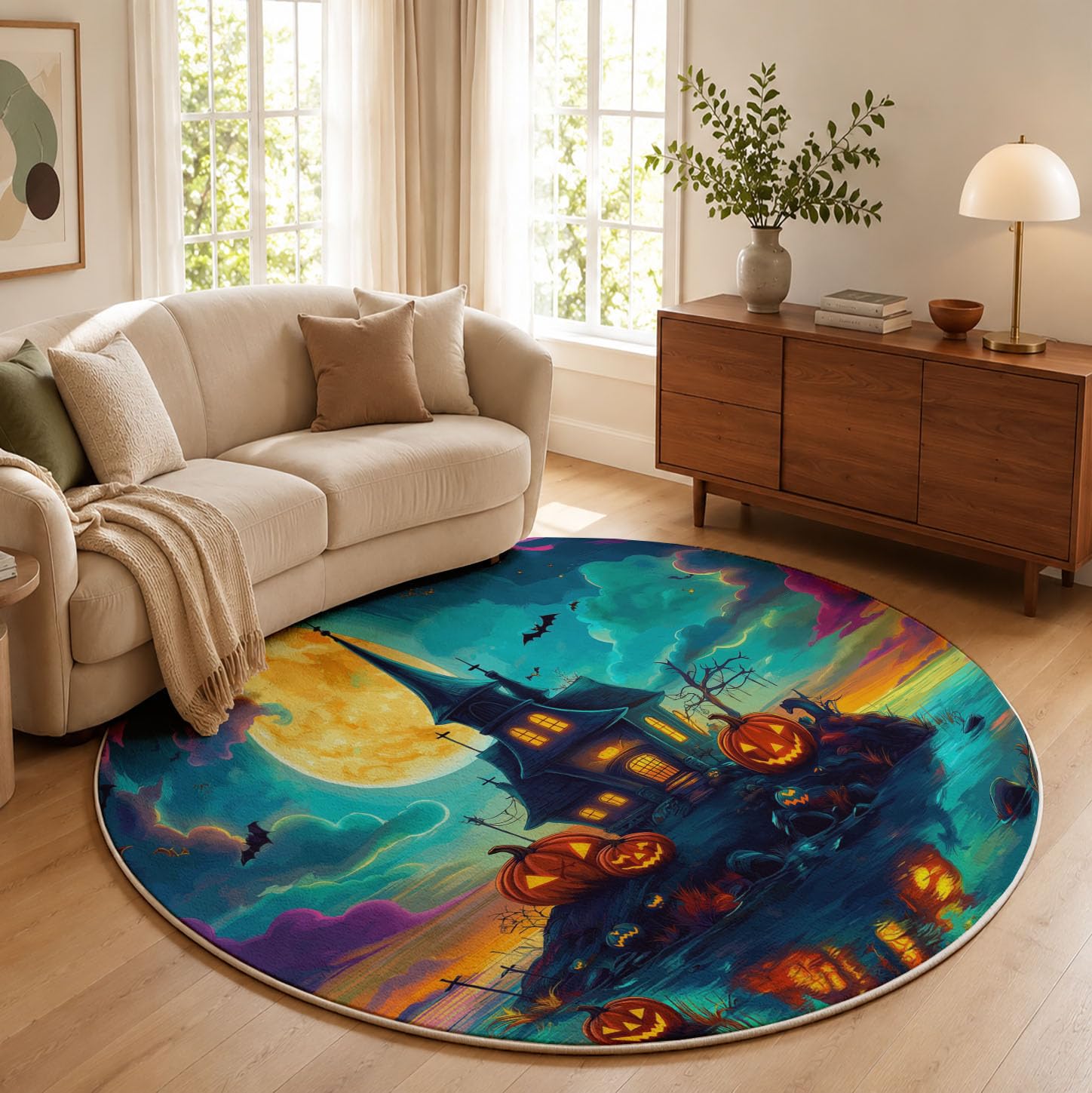 Tappeto Rotondo Castello Zucca Isola 180cm Ciano Tappeti | Lavabile in Lavatrice, Antiscivolo, Pelo Corto Tappeto Rotondo Halloween Fantastico per Camera Da Letto, Soggiorno