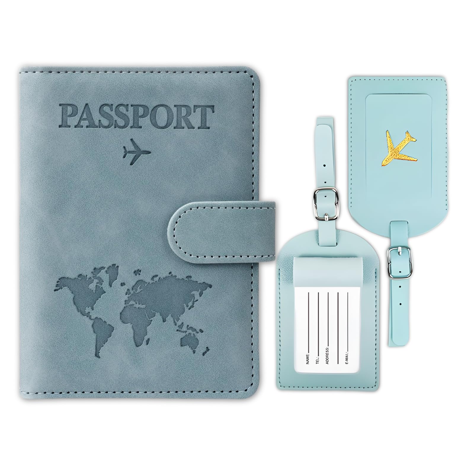 YUNPYCHY Reisepasshülle + Kofferanhänger Set - Grau PU-Leder - Passport Cover Organizer Für Reisen