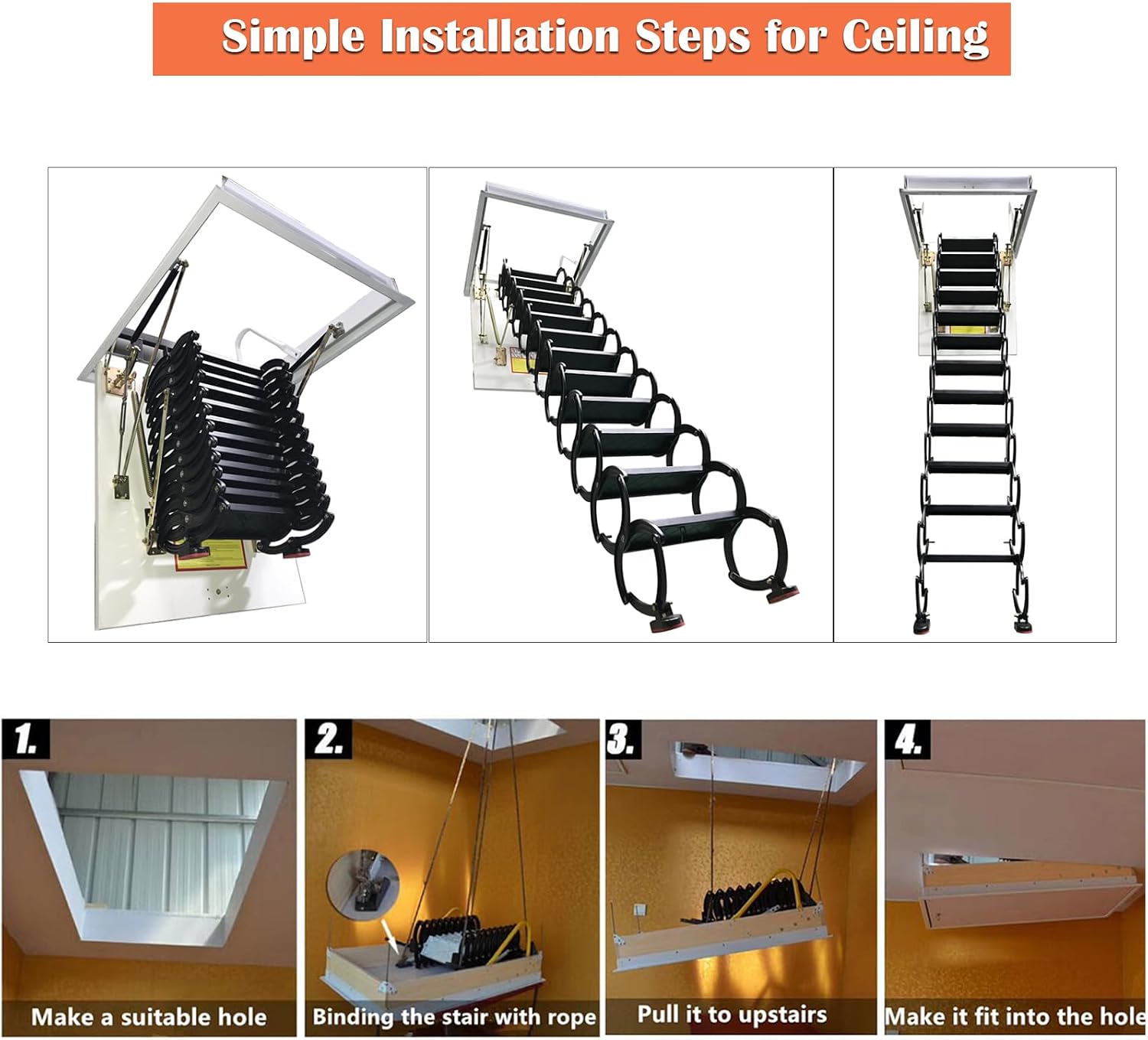Ceiling Telescoping Ladder 9.8ft Steel Ceiling Loft Collapsible Extension Ladder 600LBS Capacity w/Non-Slip 12 Steps Pulldown Ceiling Folding Loft Ladder Stairs 27.6x35.43in, Pure-black