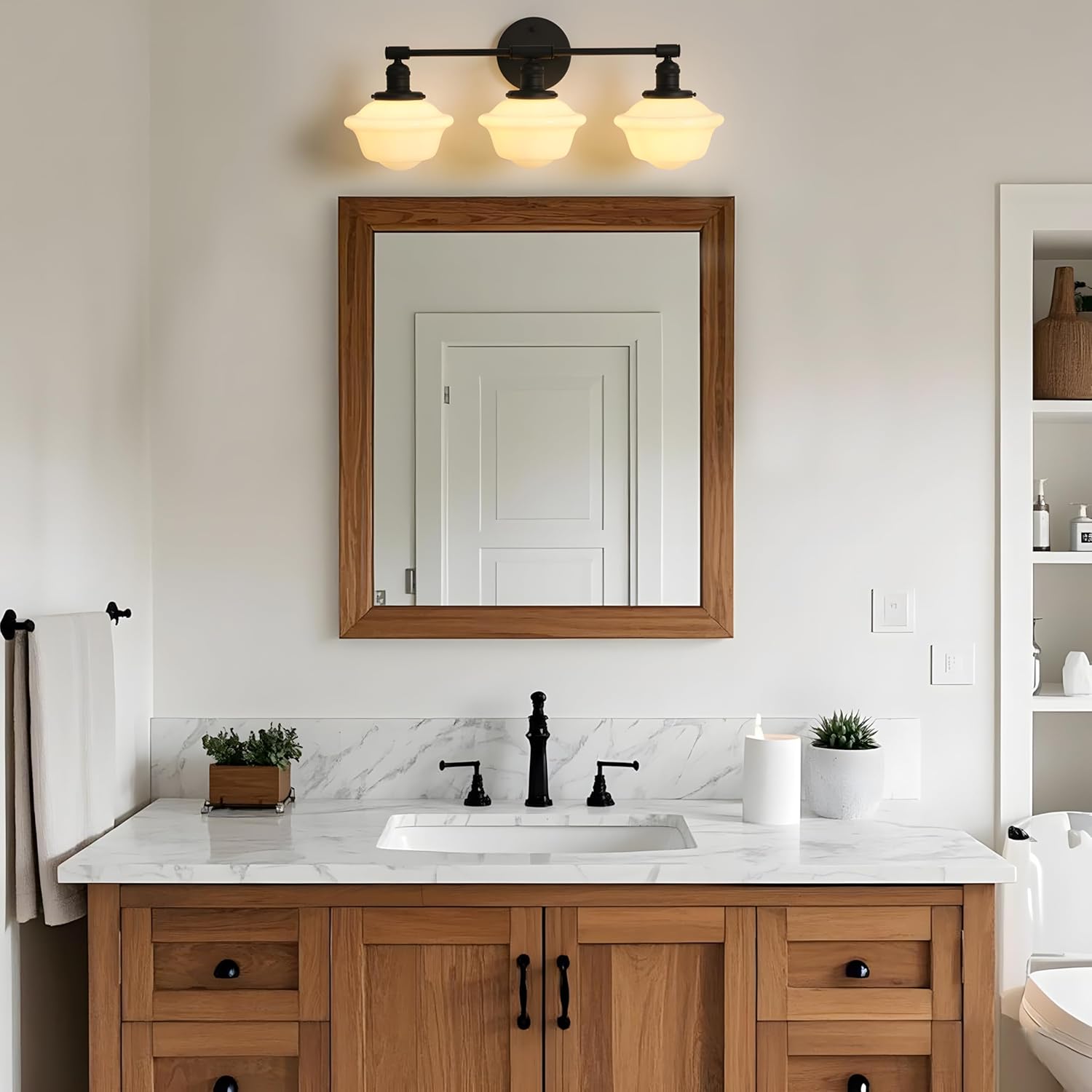 Pathson Milk White Glass Bathroom Wall Sconce Lights, 3-Light Hardwired Wall Vanity Lamps for Living Room Vintage Home Decor, E26 Base