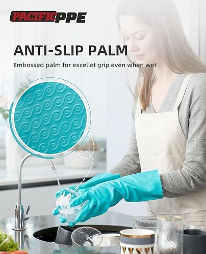 Miniatura 3 de PACIFIC PPE 4 pares de guantes de limpieza reutilizables para lavavajillas sin látex, forro de algodón, guantes de cocina, color verde, talla M