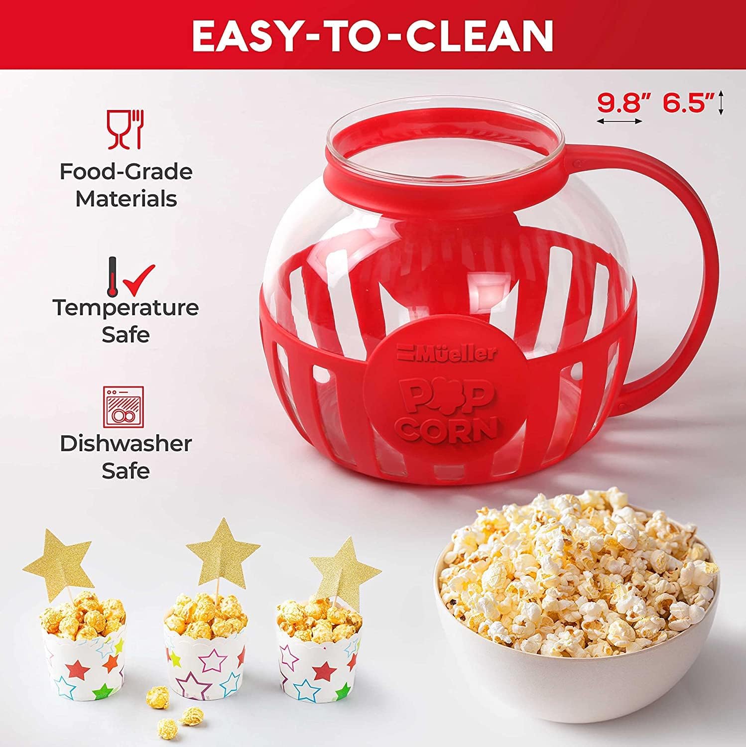 Mueller Premium Microwave Popcorn Popper, 3 Quart Capacity Popcorn Maker, Borosilicate Glass, 3-in-1 Silicone Lid, Healthy Snack - No Oil or Butter Required, Dishwasher Safe, Red