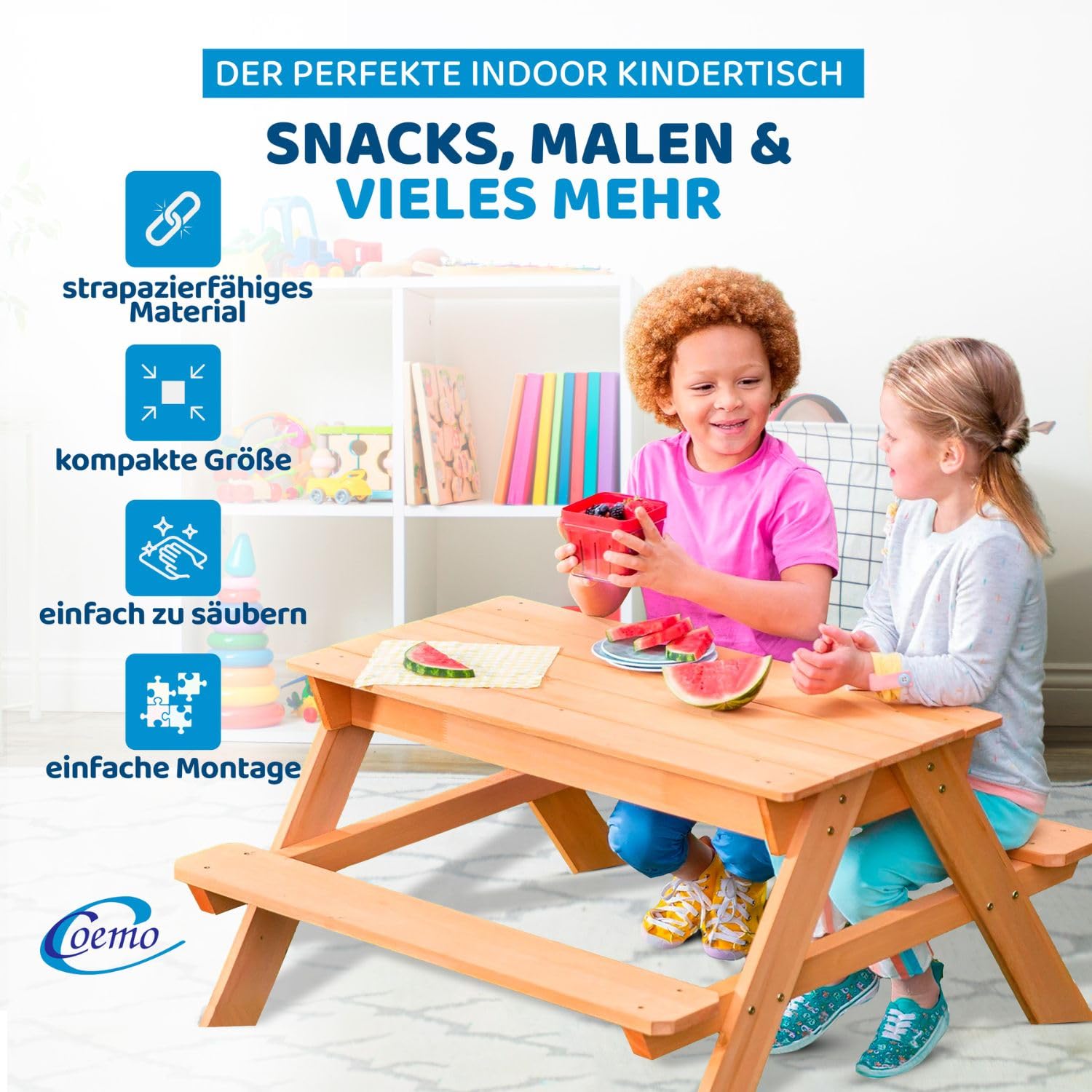 Coemo 2 in 1 Kindersitzgruppe aus Massivholz, Matschküche | Sand- und Wasserspieltisch für 4, Kinder-Picknicktisch mit 2 Bänken, abnehmbare Wannen, für drinnen & draußen