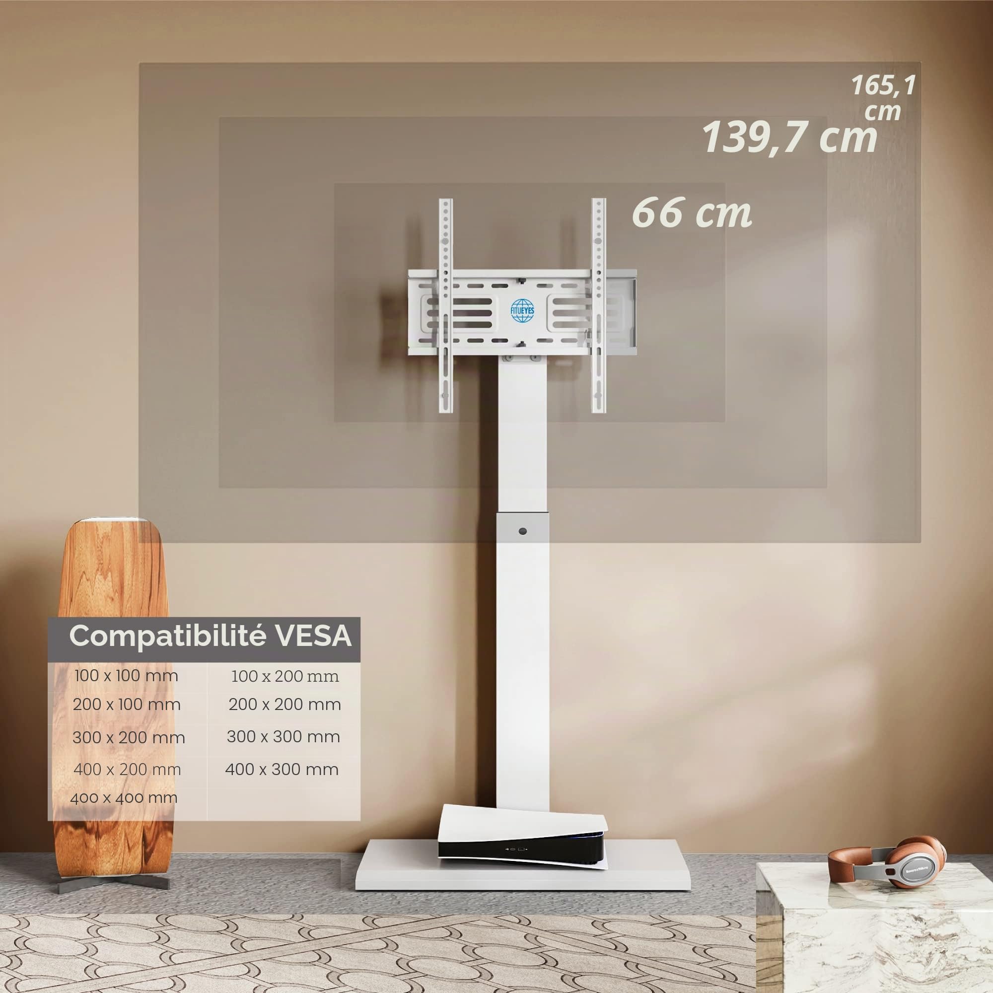 FITUEYES Support TV sur Pied, avec Base en Fer, 32-65 Pouces, Pivotant 60° | pour Salon, Chambre et Bureau, 14 Réglages en Hauteur, Hauteur Réglable, Charge Maximale 40 kg, VESA 400 x 400 mm