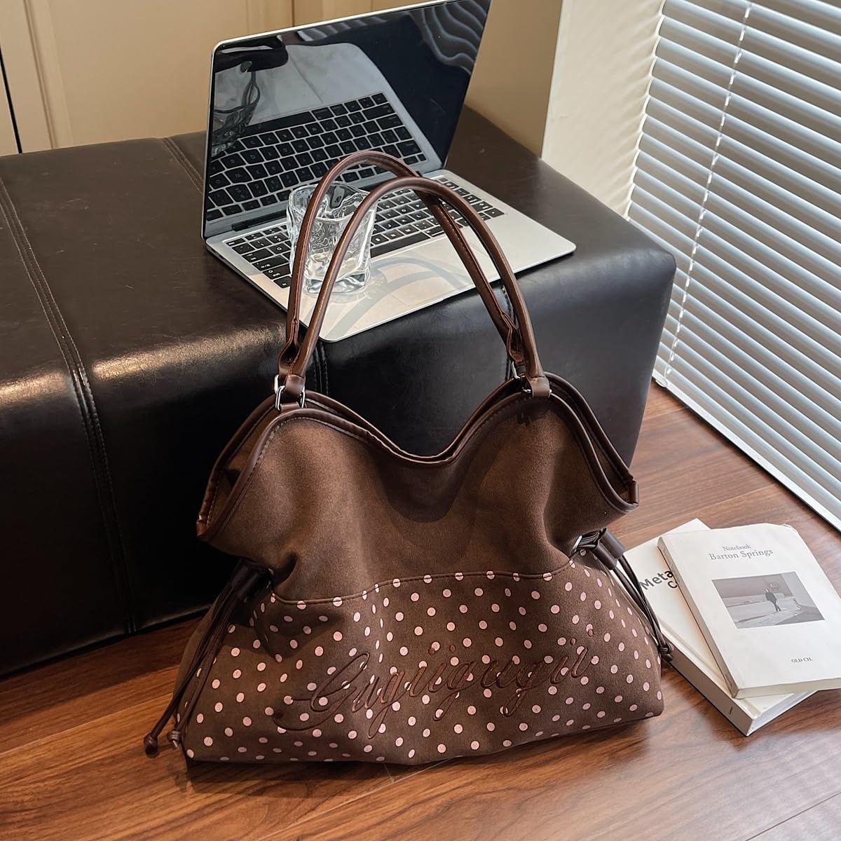 Lushandy Polka Dot Tote Bag, Brown Suede Leopard Tote Purse with Star keychain Lightweight dimsum bag Carry All Hobo Handbag - Image 5