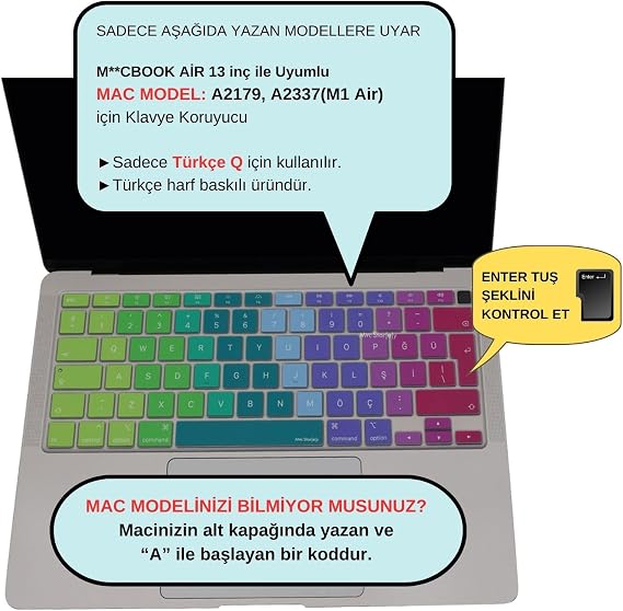 McStorey Türkçe Q Klavye Koruyucu MacBook Air 13 A2179 A2337 M1 Uyumlu | UK ISO Ters L Enter | Ultra İnce Silikon Keyboard Cover Pembe Yeşil
