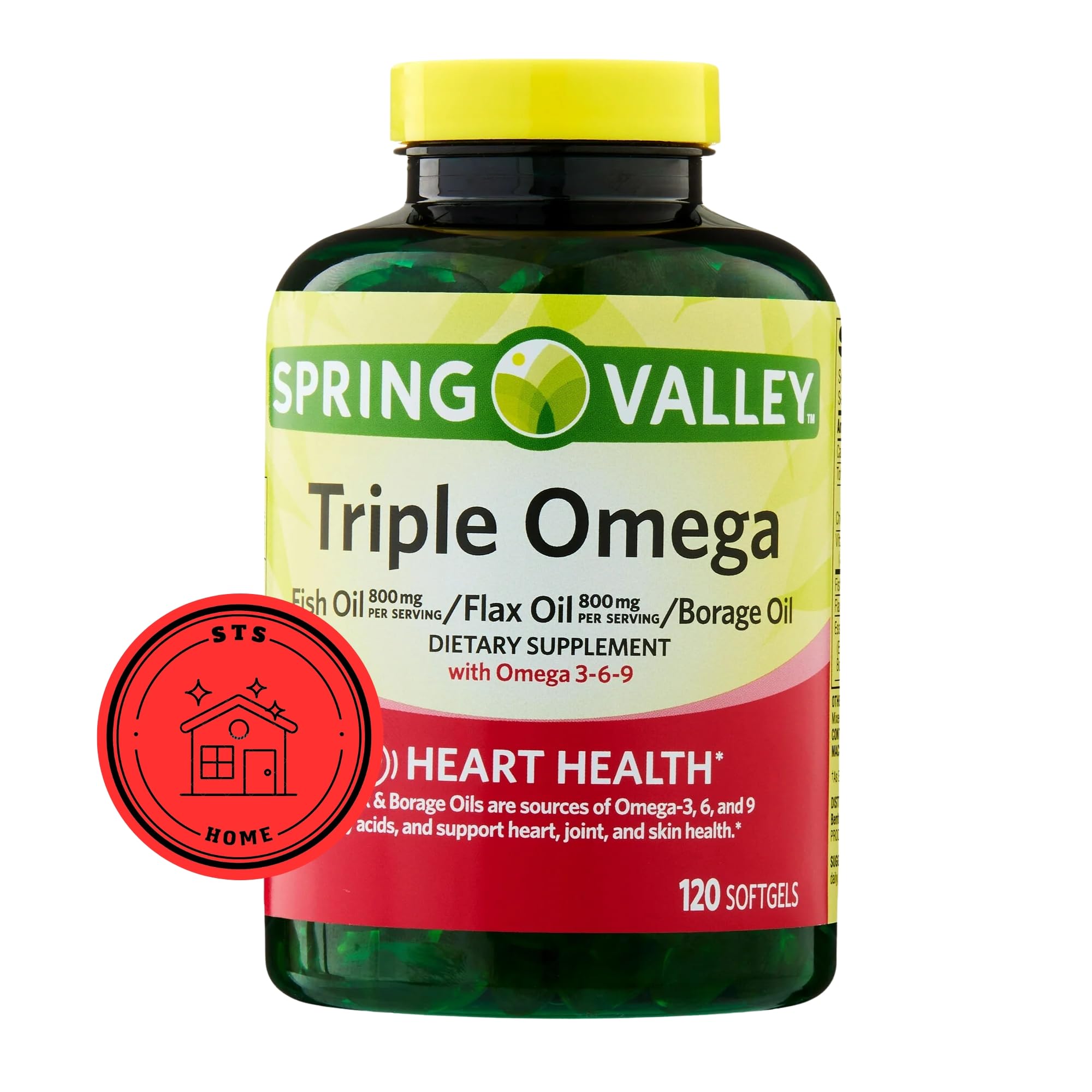 Spring Valley Triple Omega, Fish 800mg, Flax 800mg and Borage Oil Softgels, 120 Count + STS Sticker.