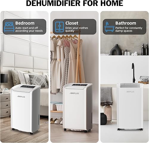 Miniatura 8 de AIRPLUS Deshumidificador de 4,500 pies cuadrados de 70 pintas para sótanos y hogar, con manguera de drenaje, eficiente, energía, con doble