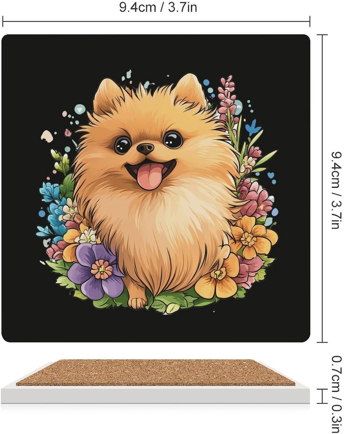 Cute Pomeranian Flowers Floral Coasters for Drinks Square Table Coasters Set Cup Mats with Cork Base
