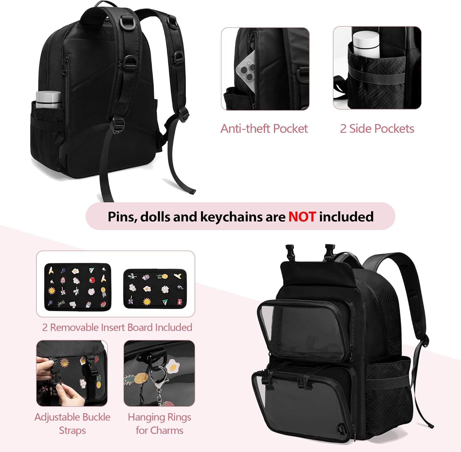 Ita Bag Pin Display Backpack with Insert, Kawaii Ita Backpack for Anime Cosplay, Black (Empty Bag Only, Patent Design) - Image 2