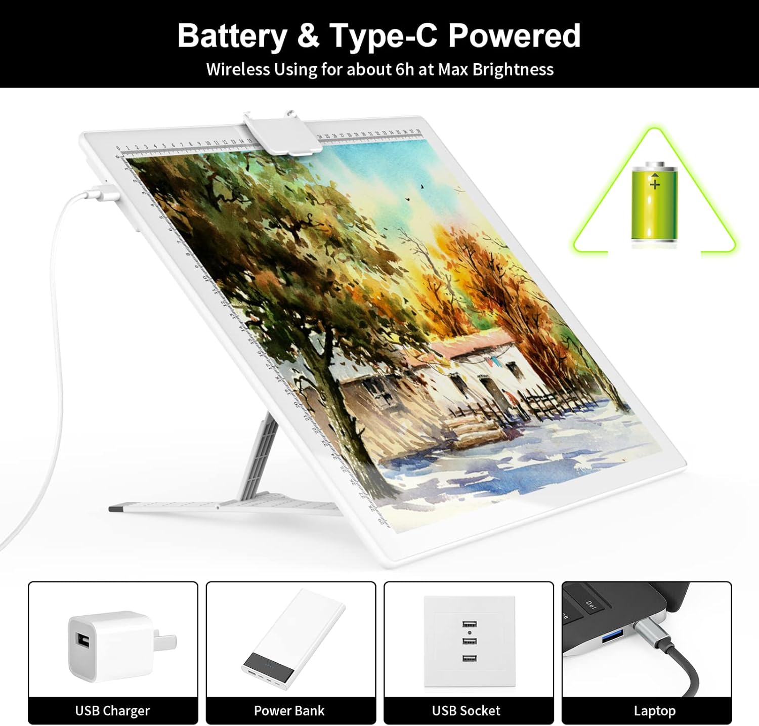 A3 Wireless Light Pad, QENSPE Rechargeable Battery Powered LED Light Board Tracing Light Box, 3 Color Modes and 6 Levels Brightness Dimmable A3 Light Copy Pad for Diamond Art with Stand (White)