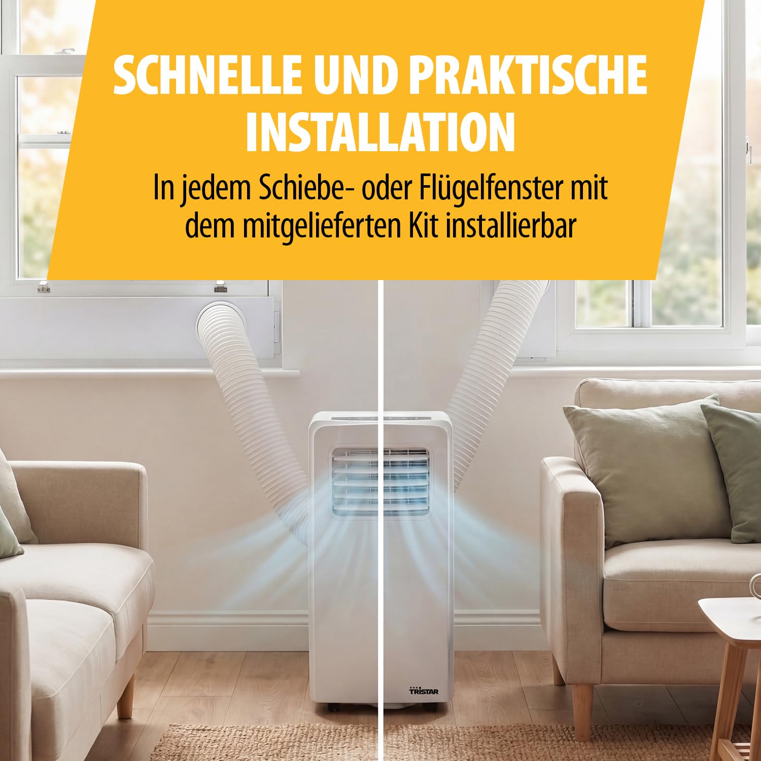 Tristar Mobiles Klimagerät - 9.000 BTU - 3-in-1 - Entfeuchtet, Kühlt, Ventiliert - Bis zu 34 m² - Fensterkit inklusive - AC-5530